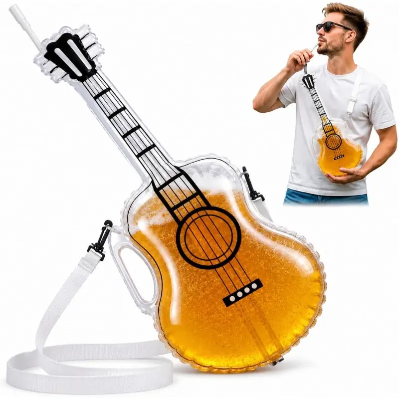 Funny Guitar-Shaped Beer Bottle with Adjustable Strap and Straw, Perfect for Music Festivals, Soccer Games, and Beach Parties, Drinkware