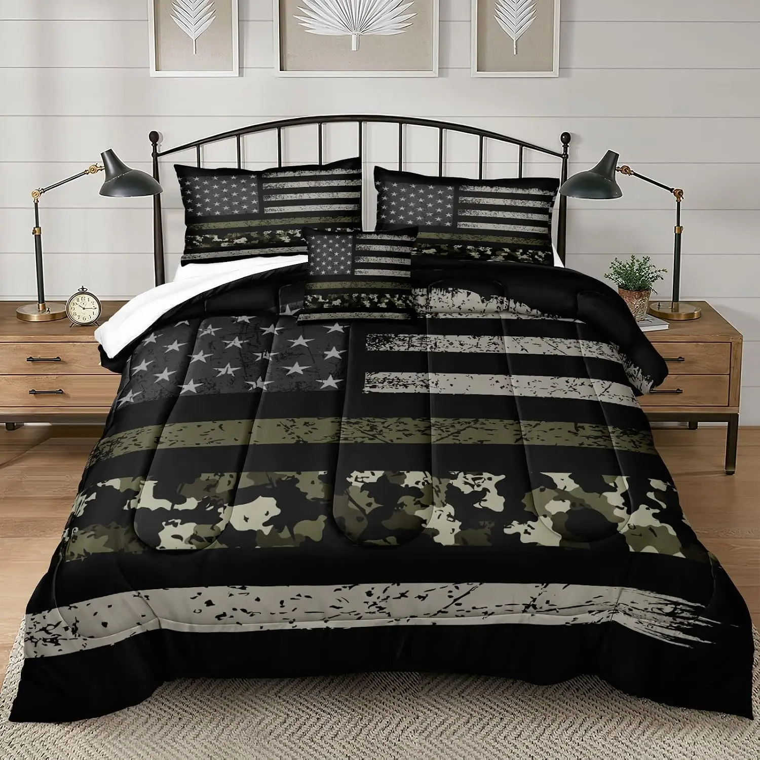 California King Size Comforter Set American Flag Comforter Retro Military Camo Bedding Black Grey Army Green Camouflage USA Flag Printed 4 Pcs Bedding Set (Camo,Cal-King)