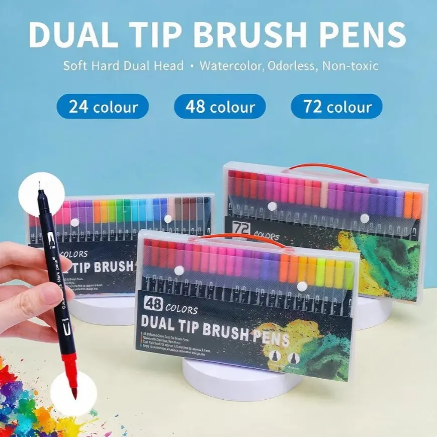 Dual Tip Watercolor Marker Set (24/48 Colors) - Water-Based, No Bleed, Soft Brush & Fine Tip, Washable & Non-Toxic, Ideal for Journaling, Illustration, Coloring - Artist Supplies, Art Markers Set, Birthday Gift for Kids & Adults