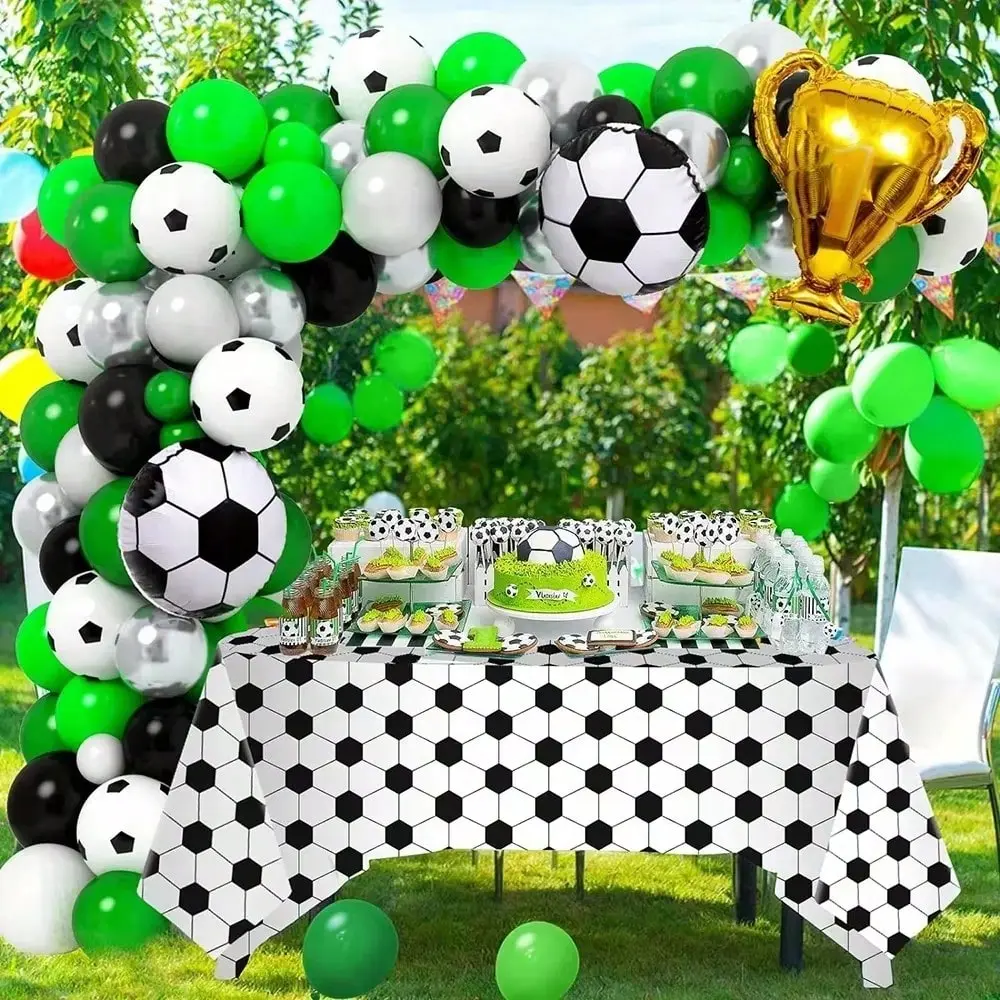 A Kit for a Football-Themed Party Arch Consisting of 128 Balloons in Various Sizes And Colors, 3set Soccer Spandex Cylinder Stand Covers for Party, Football Flexible Cylinder Pedestal Covers Perfect for Celebrations Like Birthdays