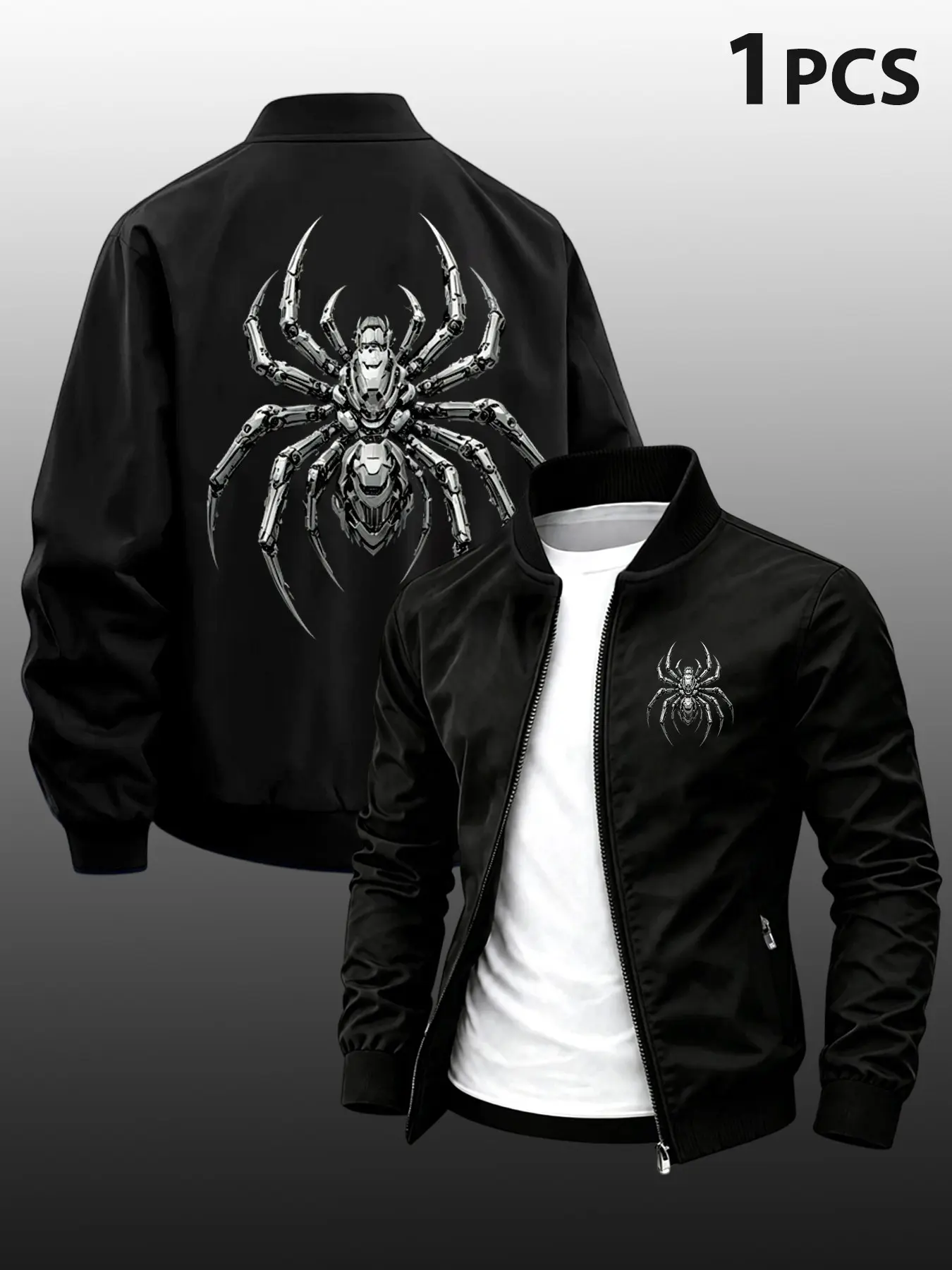 Men's Spider Print Lapel Zippered Sports Jacket, Fitted Design, Zipper Closure, Casual Outerwear, Perfect for T-Shirt, Sweatshirt, Sweater