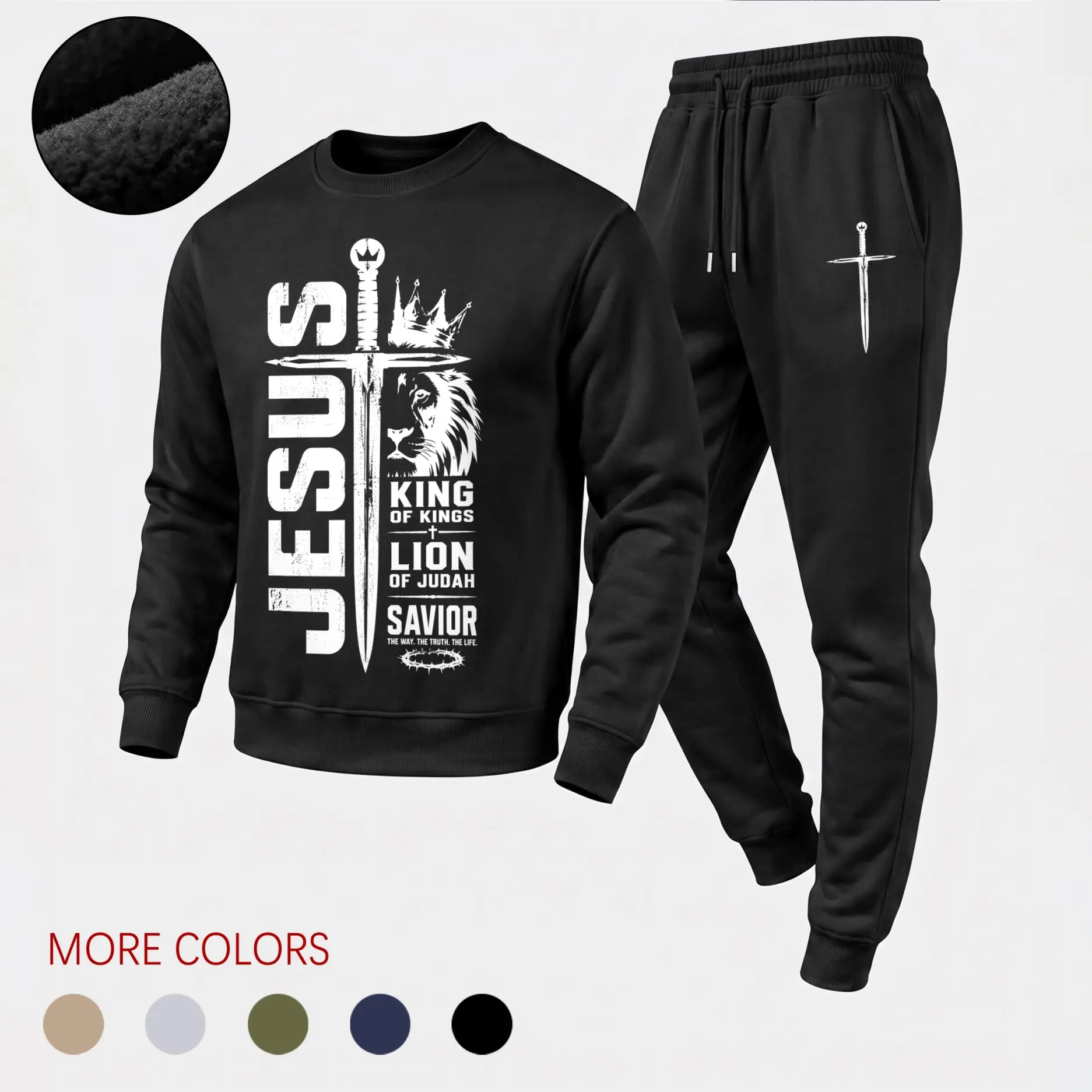 Men's 2-Piece Polyester Athletic Graphic Tracksuit Set - King of Kings Jesus, Lion of Judah Cross Crewneck Sweatshirt & Loose-Fit Breathable Drawstring Jogger Pants for Fall Winter Daily, Church Wear, Daily Wear, Male, Machine Wash, Long Sleeve, Crew Neck