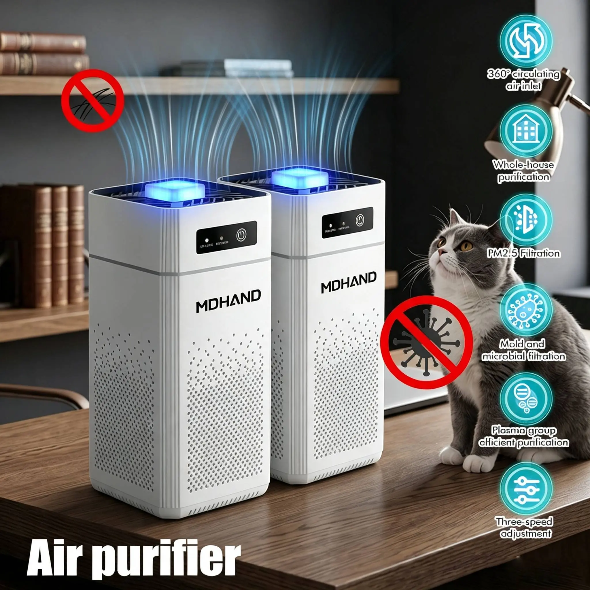 【BackToSchool】2-Set Cordless Roomwide Air Purifier with Filters, USB Port, Charging Cable, Ionizer, Odor Removal, Dust Remover, Negative Ions, Allergy Relief, ABS, Household Decor Appliance for Family Home Bedroom