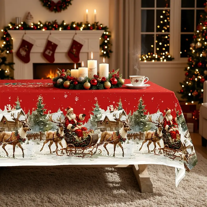 Christmas tablecloth, bright red and green, featuring Santa sleigh, reindeer, snowy village, candles and garlands, round, rectangular and oval shapes, suitable for Christmas dinners, parties, banquets and restaurants, polyester, washable, clearance sale,