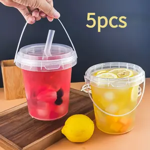 5 sets of large 33.81oz plastic cups, with lids and straws, beverage buckets, fruit buckets, ice buckets, portable buckets, packaged beverage cups, reusable, summer cold drink cups.
