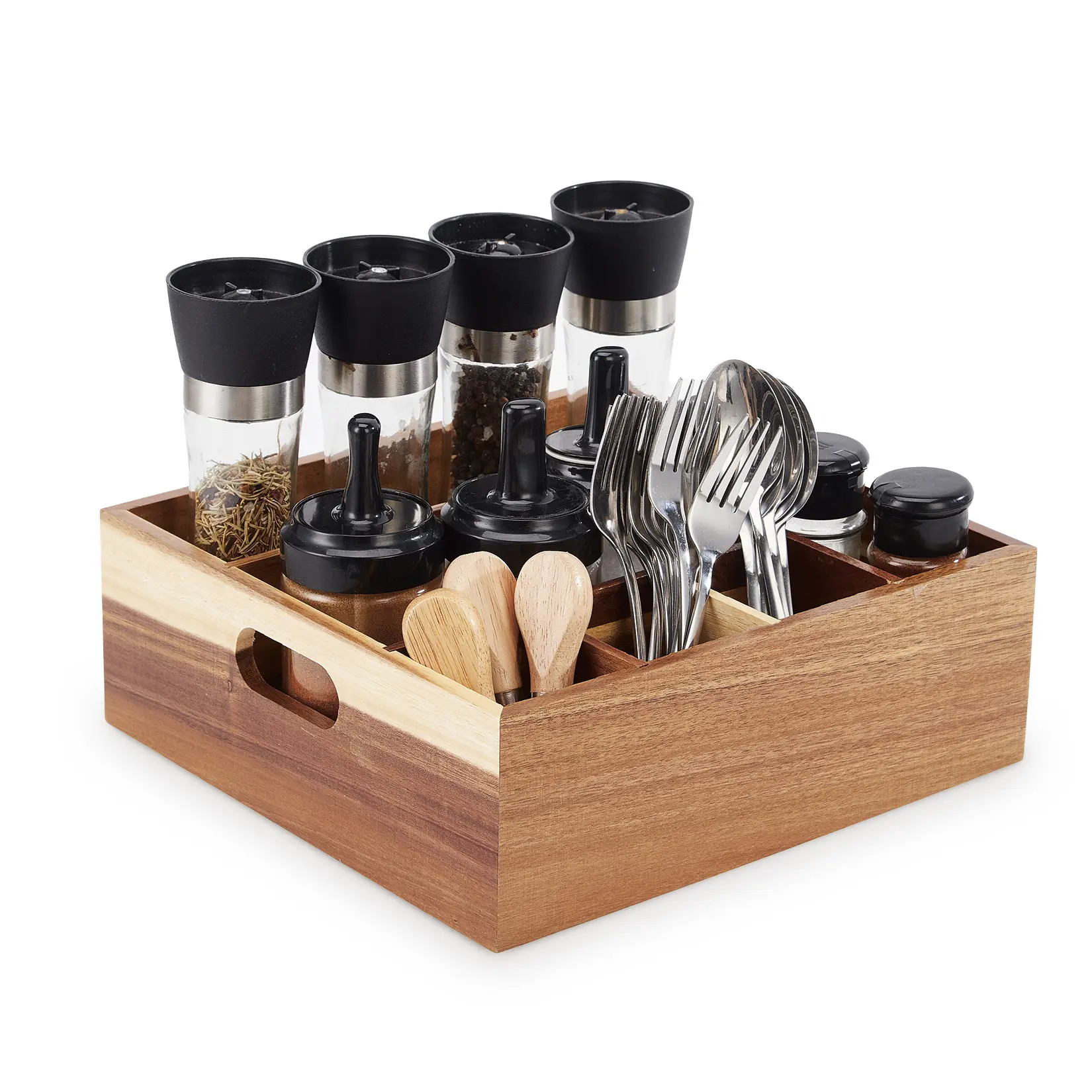 Multi-Compartment Wood Flatware Caddy with Handles - Acacia Utensil Holder for Kitchen Counter, BBQ, No Assembly, Natural Home Organizer Storage Rack