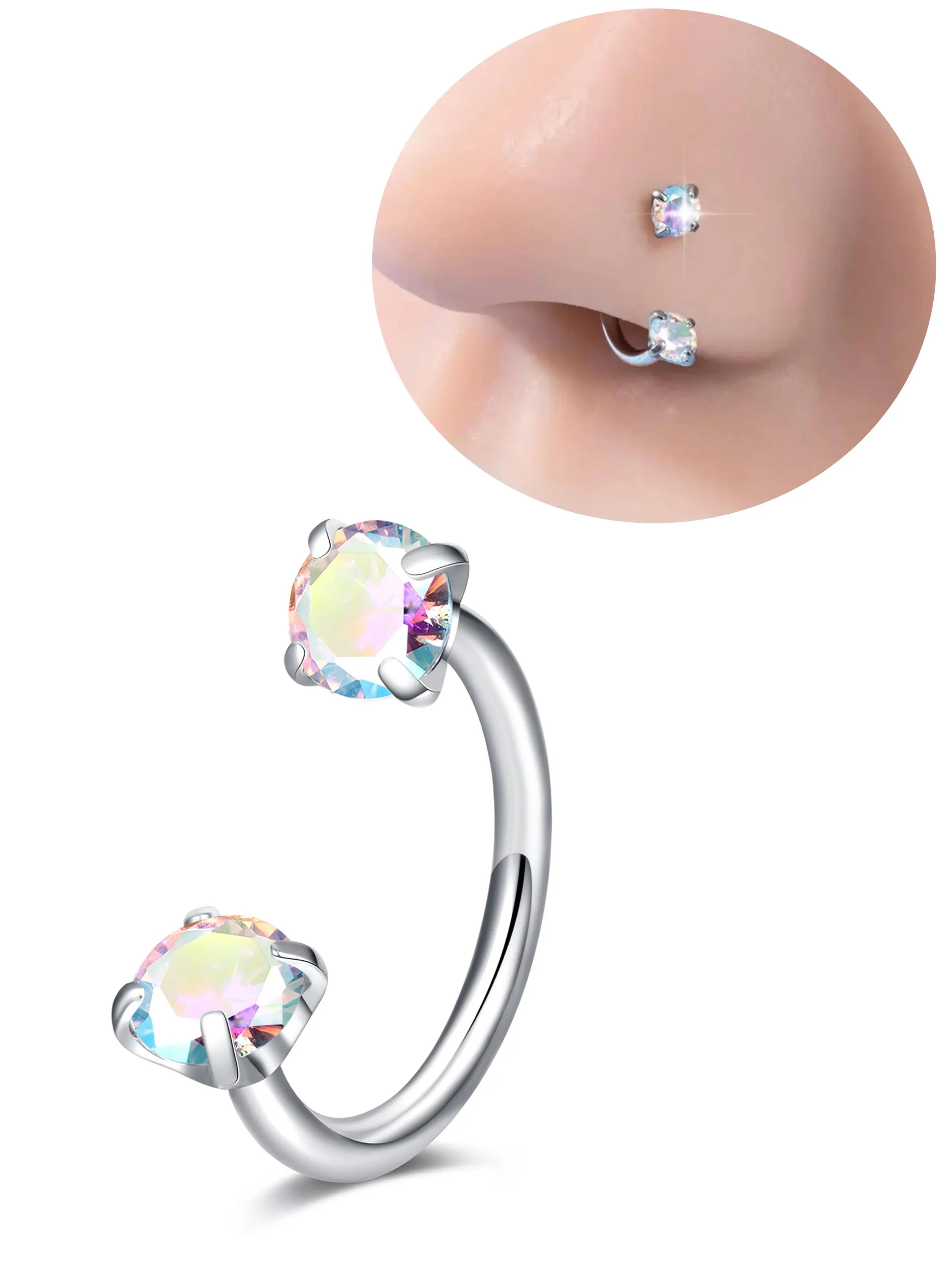 A Round Horseshoe Nose Ring, Made of Stainless Steel with Internal Threading, Sparkling Zircon Inlay, 8Mm, Suitable for The Nose, Cartilage, Ear Helix, Spiral Piercings, And Lip Hoops, Body Jewelry, Nose Rings Hoops