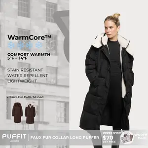 PUFFIT WarmCore Premium Classic Hooded Long Puffer Coat Women Long Ladies Quilted Outerwear Jacket Big Pocket, Water Repellent  Winter Warm Basic Long Sleeve Tops Coat,Womenswear