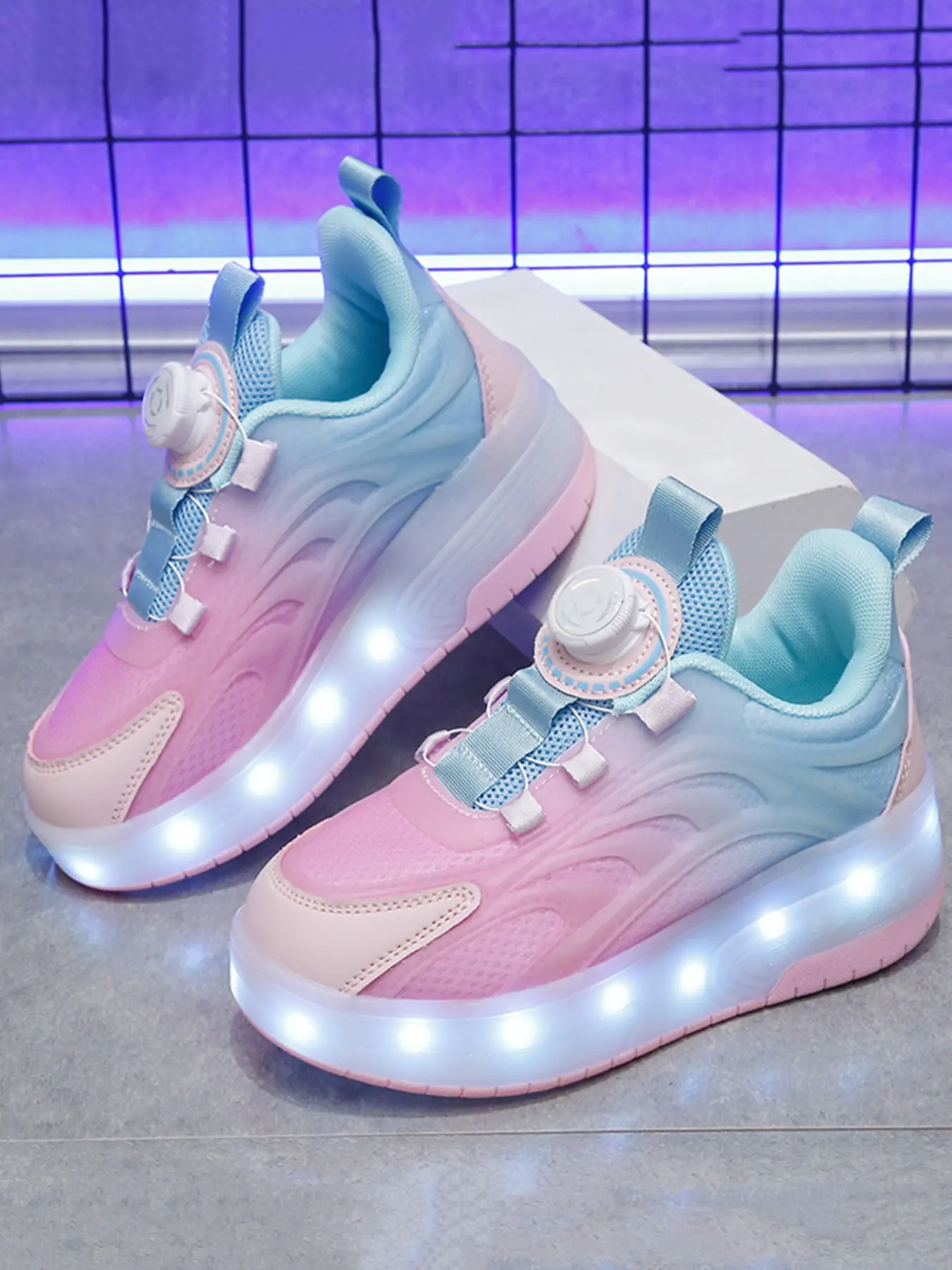 Girls' Gradient Glowing Roller Skates, Button-Release Strapless, Invisible Dual Wheels, Adjustable Flashing Wheel Skates for Kids