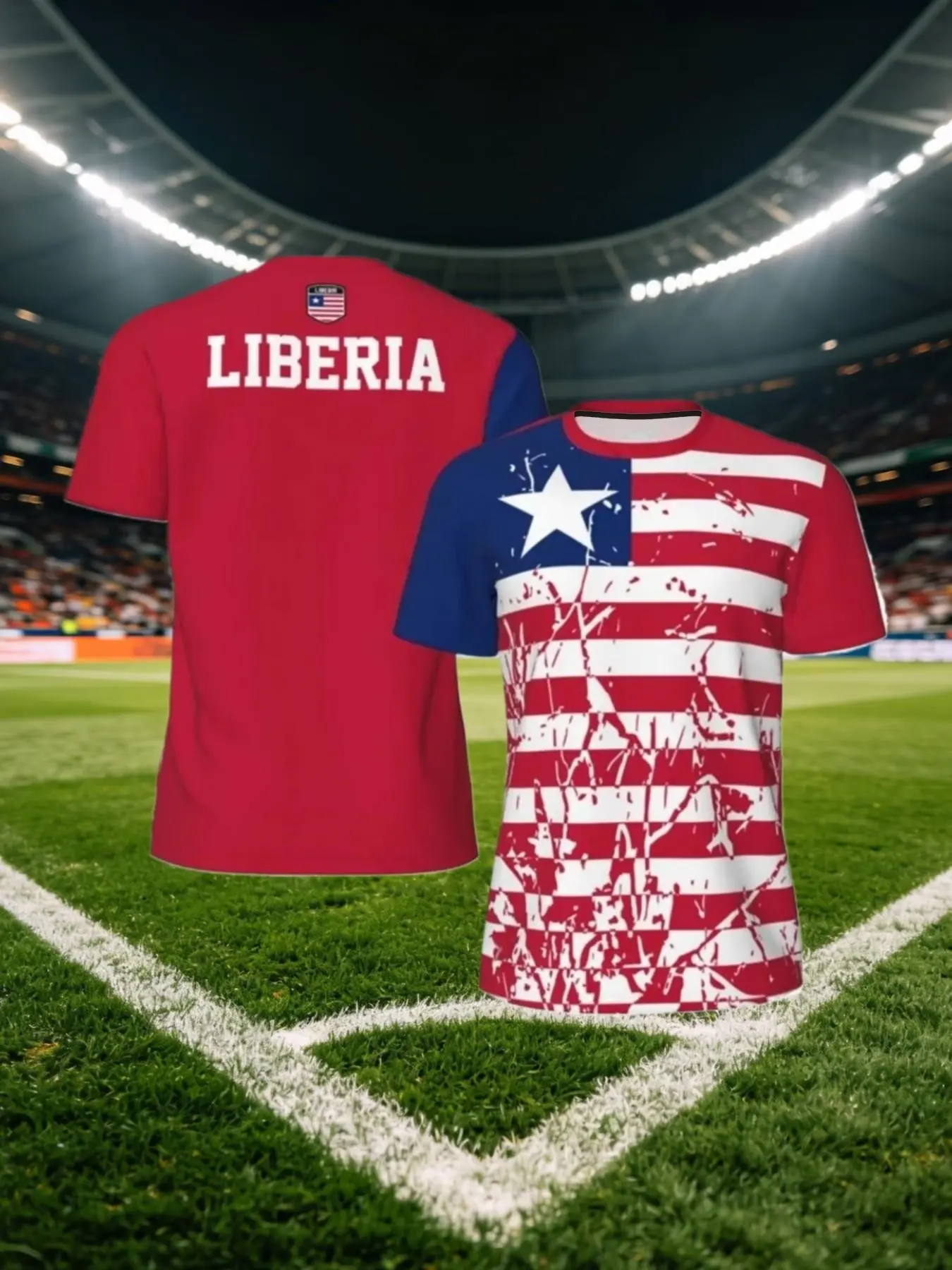Liberia Flag T-Shirt, Summer Round Neck Sport T-Shirt, Gym Running Short Sleeve Printed Football Shirt, Slim-Fitting Breathable Sports Style Top