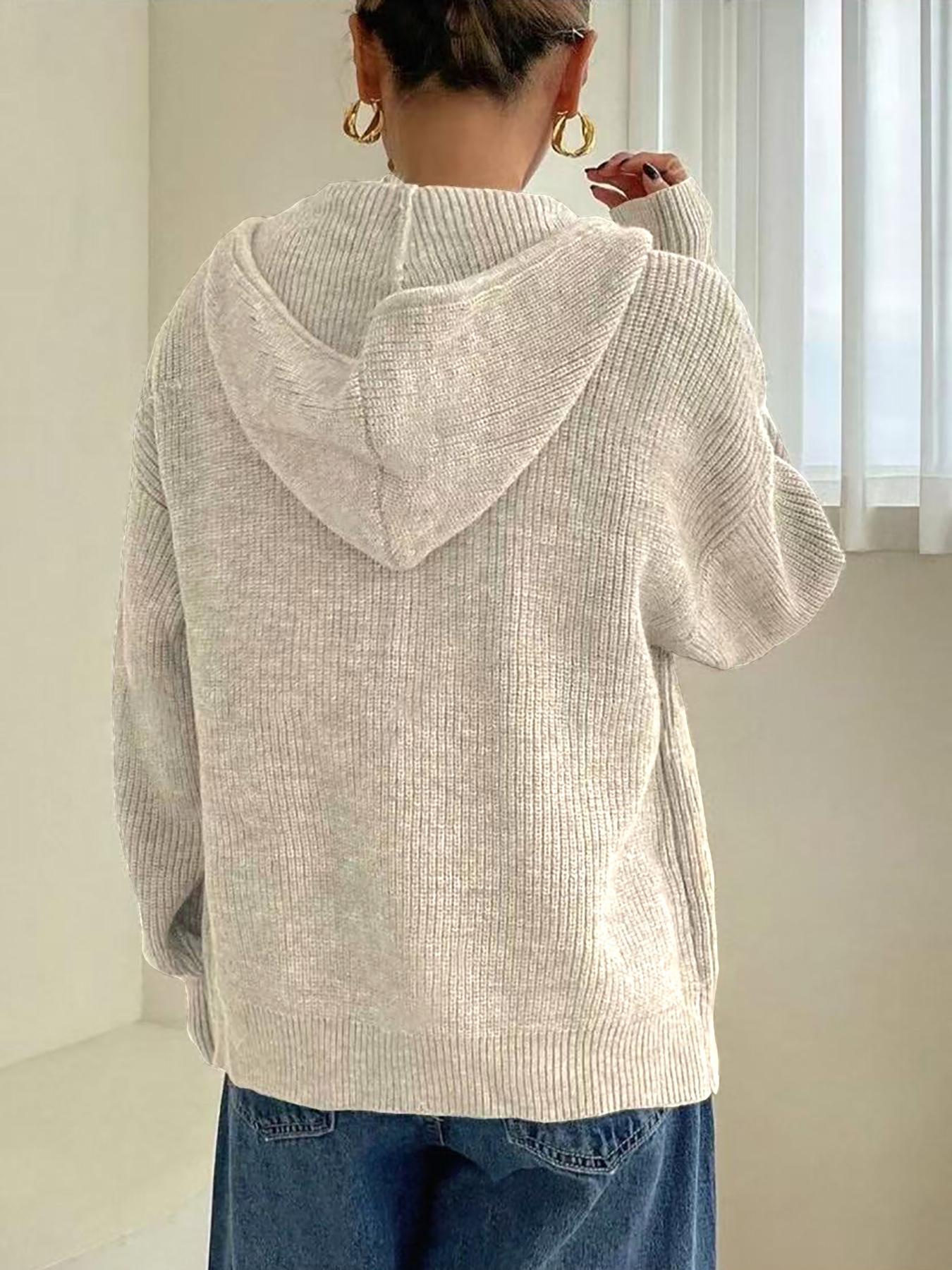 Women's Solid-Color Zip-Up Hooded Cardigan, Casual Fit Long Sleeve Knitwear for Fall & Winter, Ladies' Fashion Sweater for Daily Wear