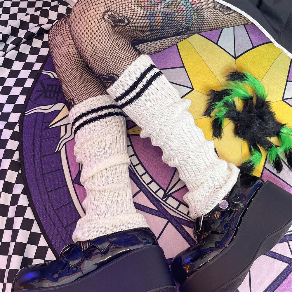 KOSAHIKI Lolita Socks Goth Striped Knit  Girl Leg Warmers Women Japanese  Harajuku Winter Boot Cuffs Legs Cover