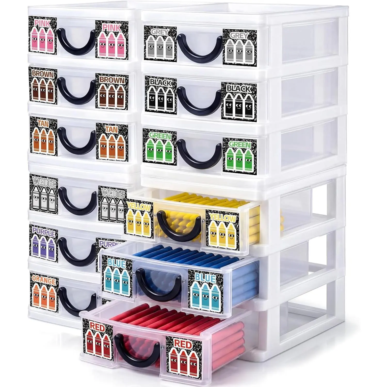 12 count/ 4 Pack Plastic Crayon Organizer for Classroom  to School Crayon Storage Boxes for Marker Pen Art Craft Supplies Crayons Drawer Container for Classroom Office Table with Color Label