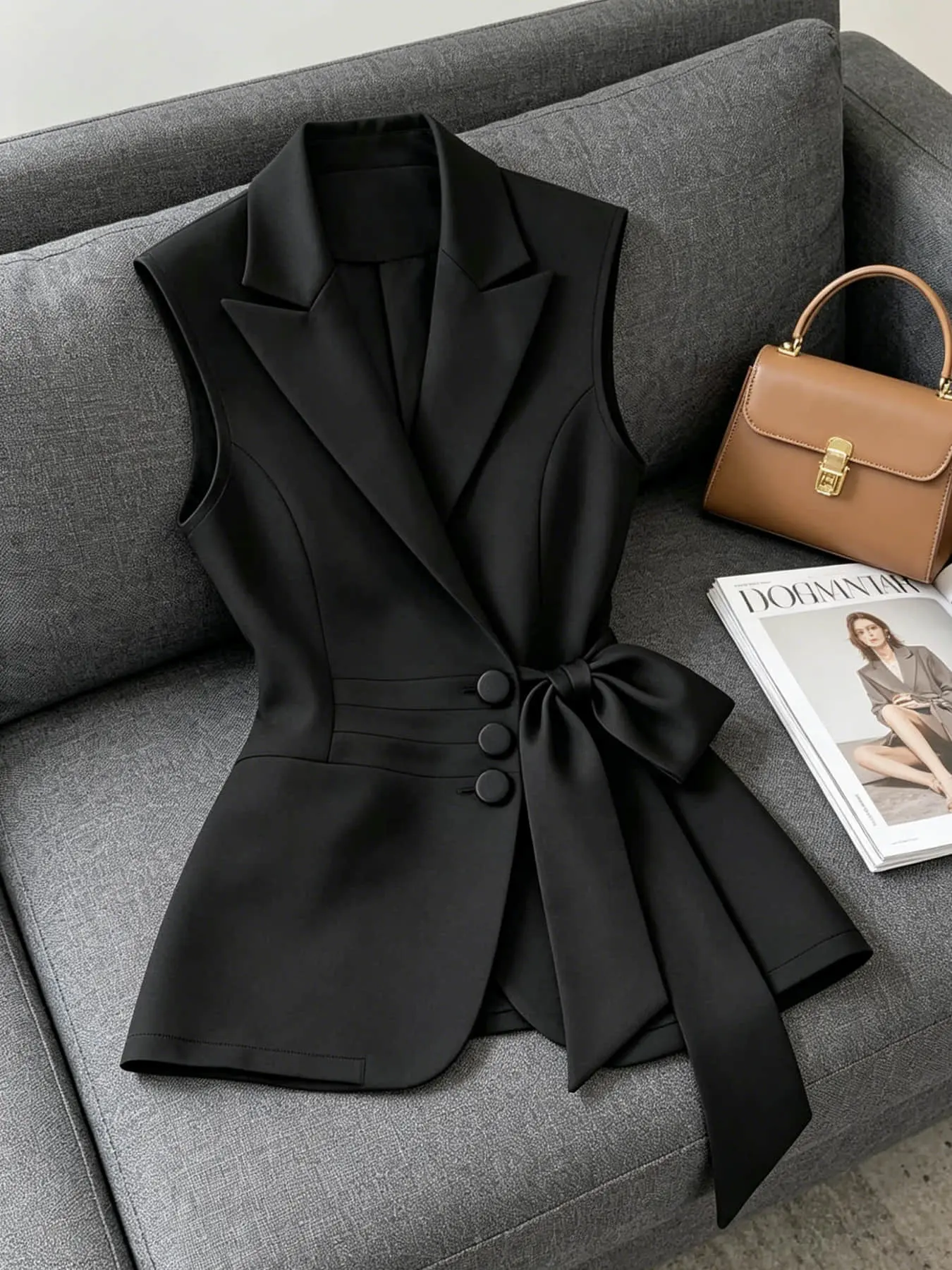 A fashionable women's Hepburn style lapel, waist tie, bow tie, three button suit vest Clothes Workwear suitable for summer, suitable for business negotiations, best friend gatherings, company annual meetings, top
