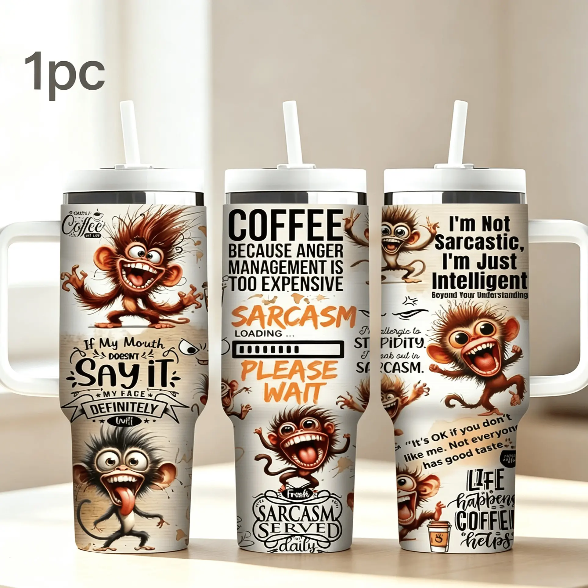 1pc 40oz stainless steel insulated cup - Dad's tool pattern / amethyst butterfly / funny monkey witty coffee quotes - large capacity handle cup - high appearance quality - personalized gift for holidays/birthdays