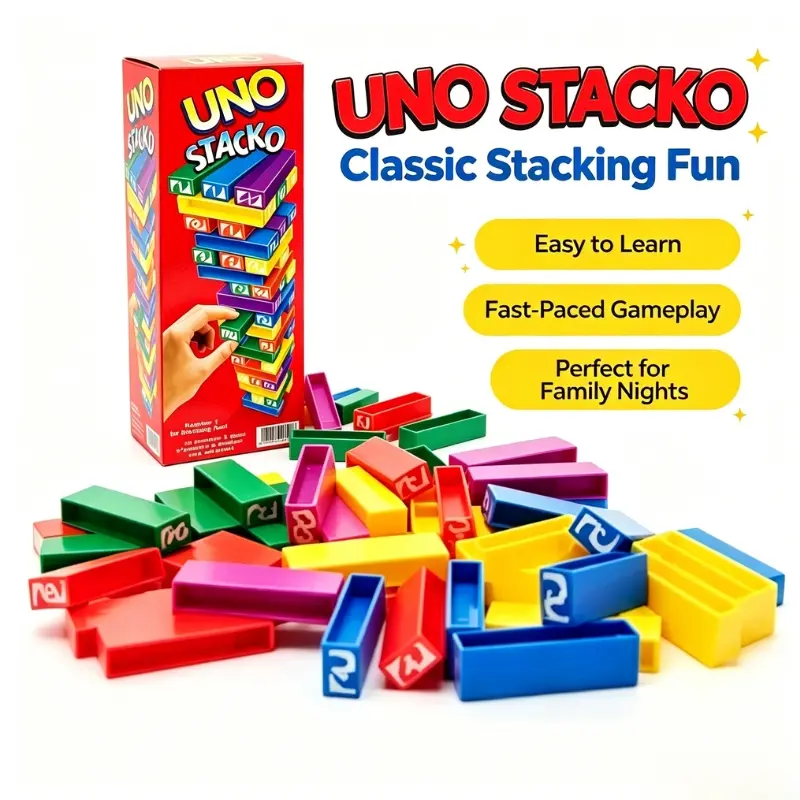 UNO Stacko Colorful Balancing Stacking Blocks Game, Classic Tumble Tower Board Game for Kids Adults, Parent-Child Interactive Educational Party Table Toy