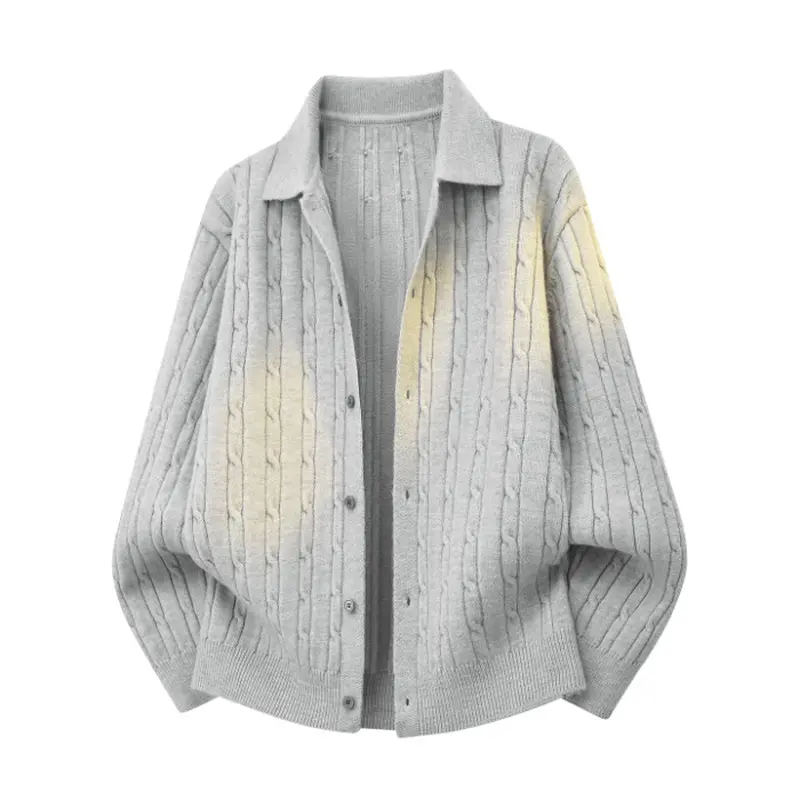 lapel button knit cardigan crafted with vertical cable twist knitting texture, soft thick warm yarn fabric, subtle yellow faded wash detail,casual versatile style ideal for daily outings and relaxed indoor leisure activities#SummerWins