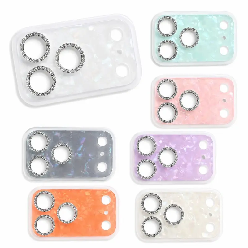 Pearlescent Diamond Camera Lens Protector - Full Coverage, Anti-Scratch Metal Ring Shell, Sports & Outdoor Protection Accessories for 13-17 Series Phone Case Decor, Phone Accessories, Vibrant, Pearlescent Shell Texture, Rhinestone, Smartphone, Cellphone,,