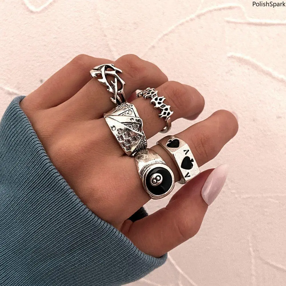 5 Piece Gothic Punk Stackable Ring Set for Women & Men – Vintage Silver 8 Ball Ace of Spades Playing Cards Rings, Adjustable Open Rings, Y2K Emo Jewelry for Daily & Party Wear