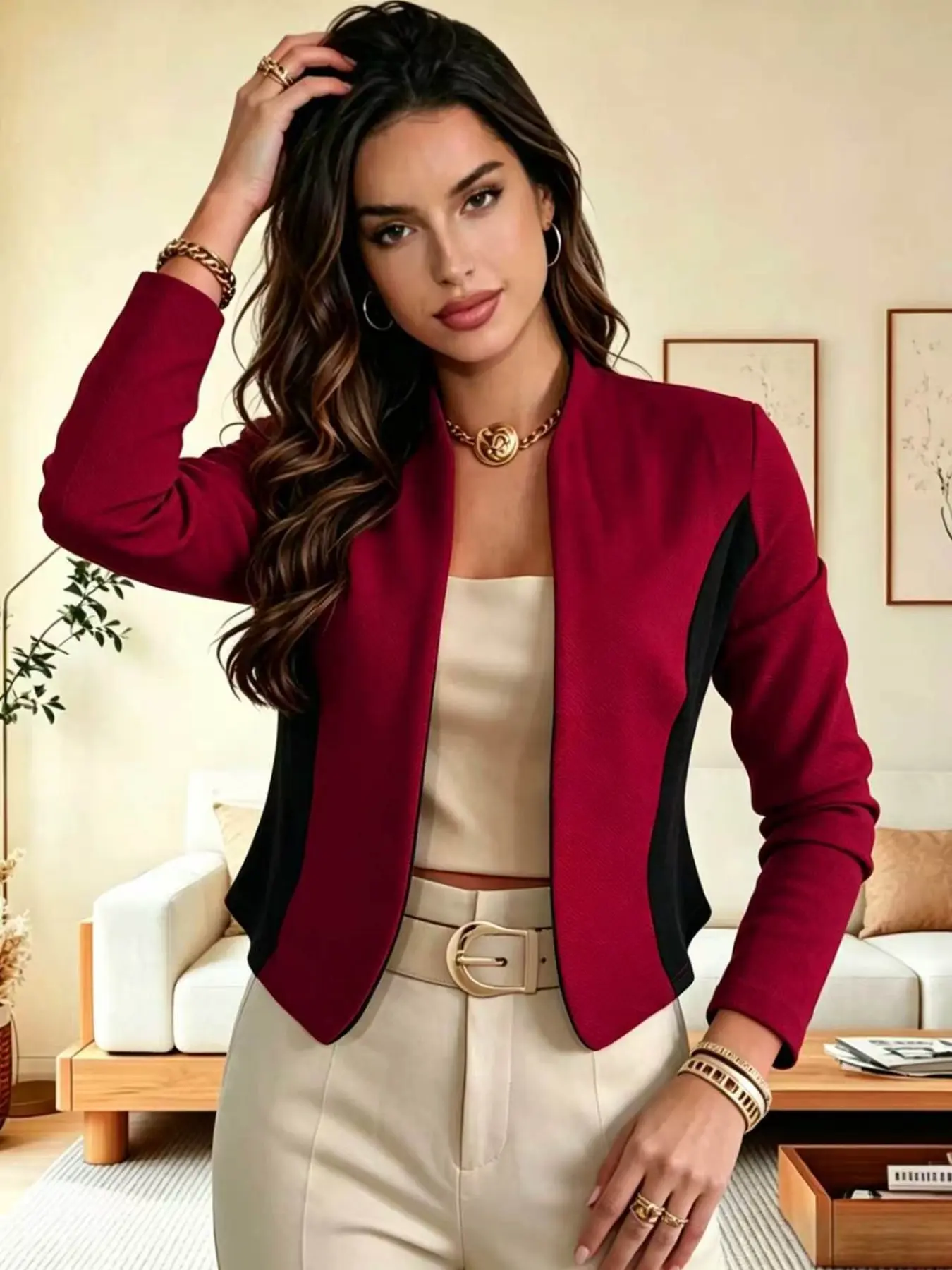 Stand Collar Color-Blocked Women Short Jacket, Fitted Long Sleeve, Matte Finish, Ideal for Office & Smart Casual Wear, Spring & Fall Style