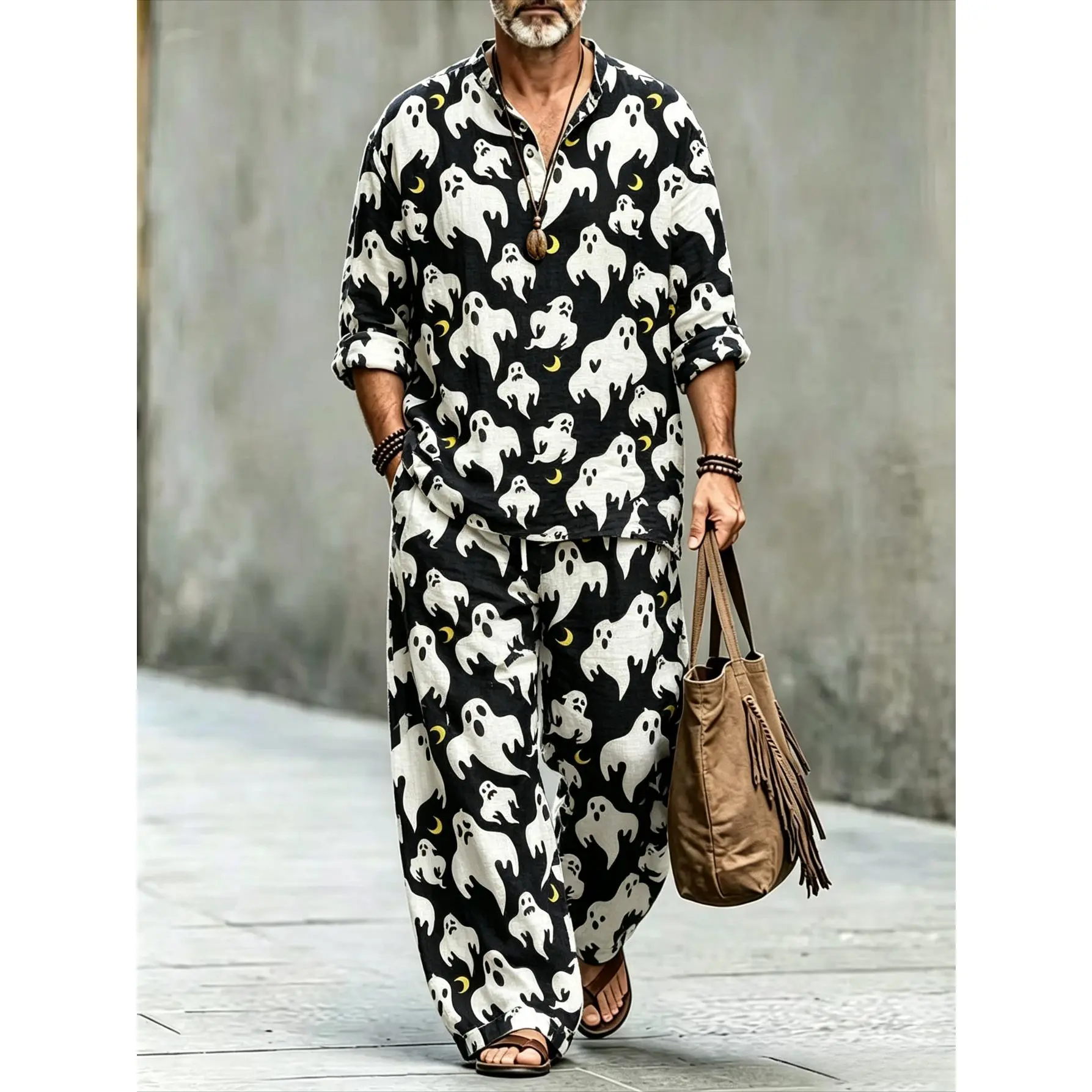 Men's 2-Piece Halloween Clothing Set - Ghost & Moon Printed Stand-Up Collar Long-Sleeve Henley Shirt, Drawstring Wide-Leg Pants for Casual Holiday Wear