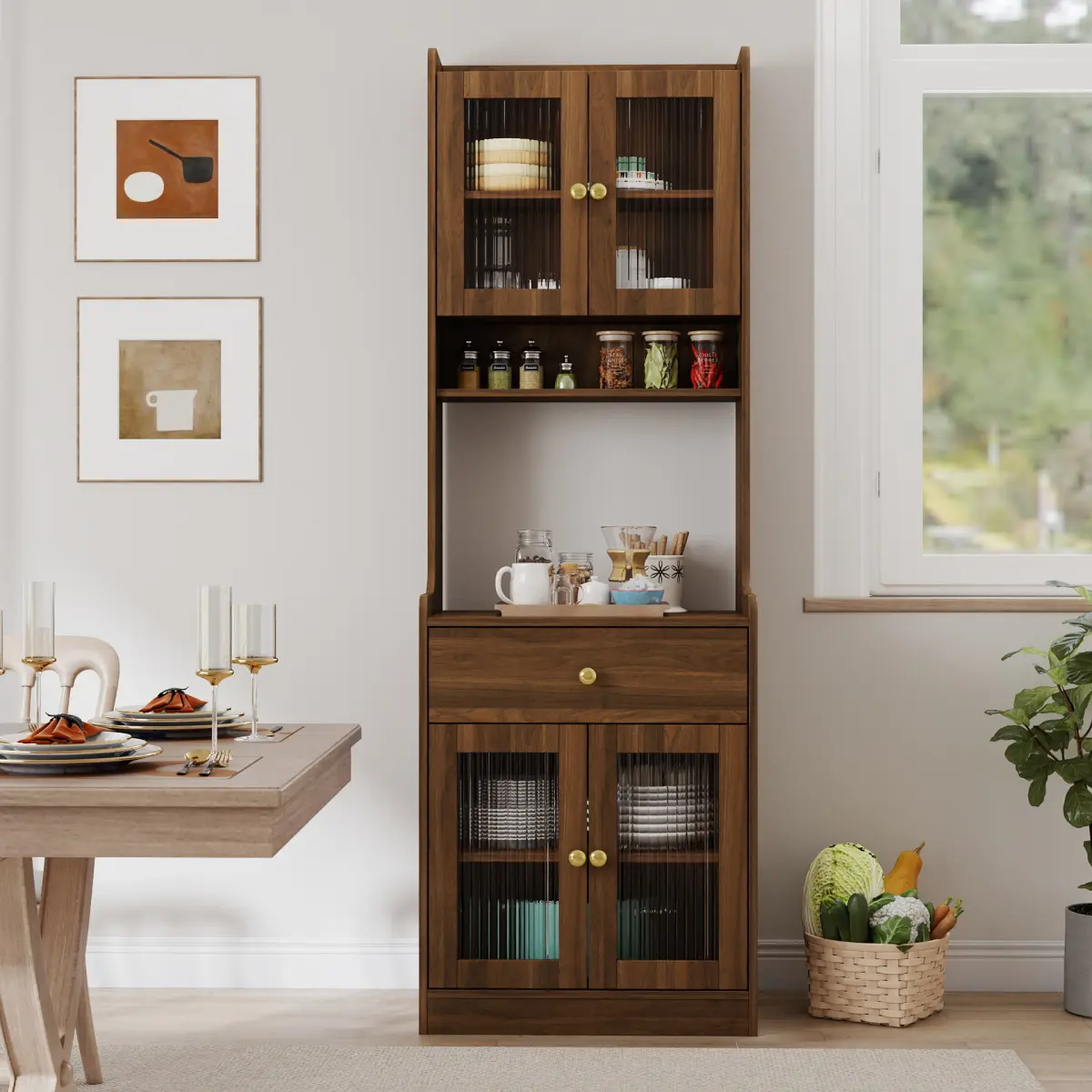 23.62*15.75*70.87 Inch Tall Melamine Kitchen Pantry Cabinet 15mm Particle Board 3mm MDF Back Panel 2 Closed Cabinets 1 Drawer Open Compartment With Cable Hole Multi Purpose Sideboard Hutch Organizer For Home Kitchen Dining Room, Pantry Cabinet Organizatio