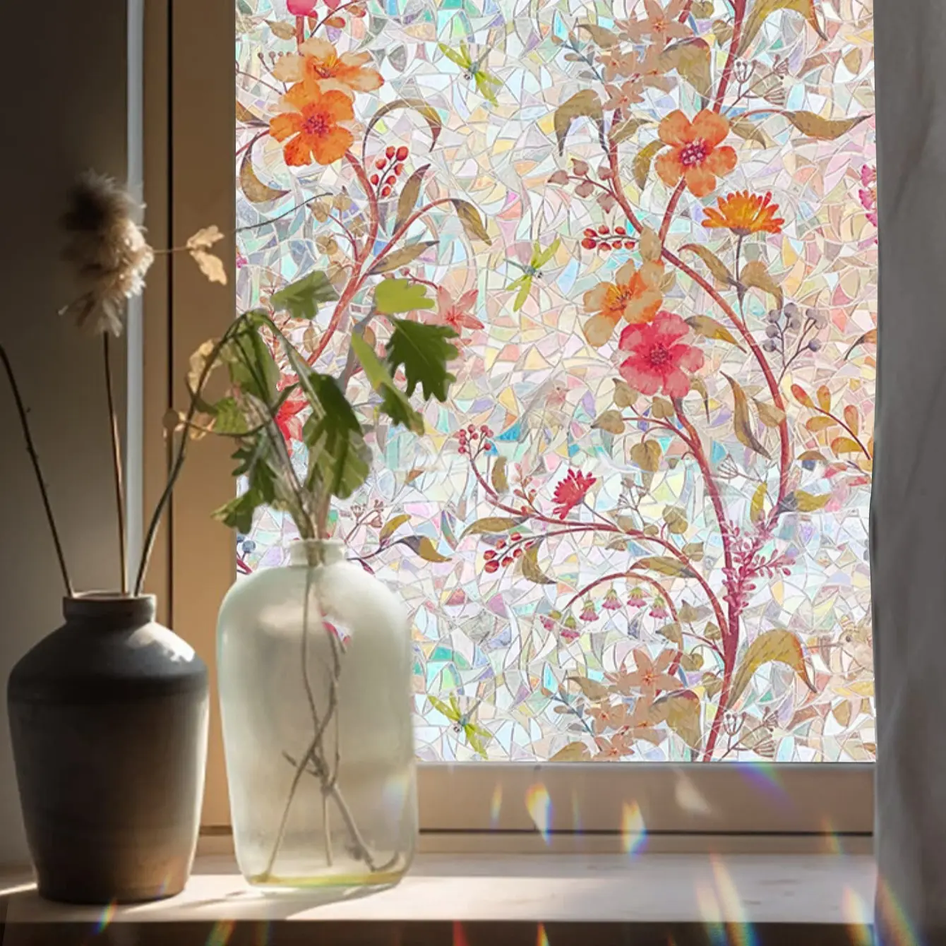 17.5" (44.5cm) Prism Mosaic Floral Static Cling Window Film, No-Glue Rainbow Glass Decal, Sun-Reflective Semi-Privacy Sticker for Kitchen/Patio, 1 Roll, 1/2/3/5M Length Options