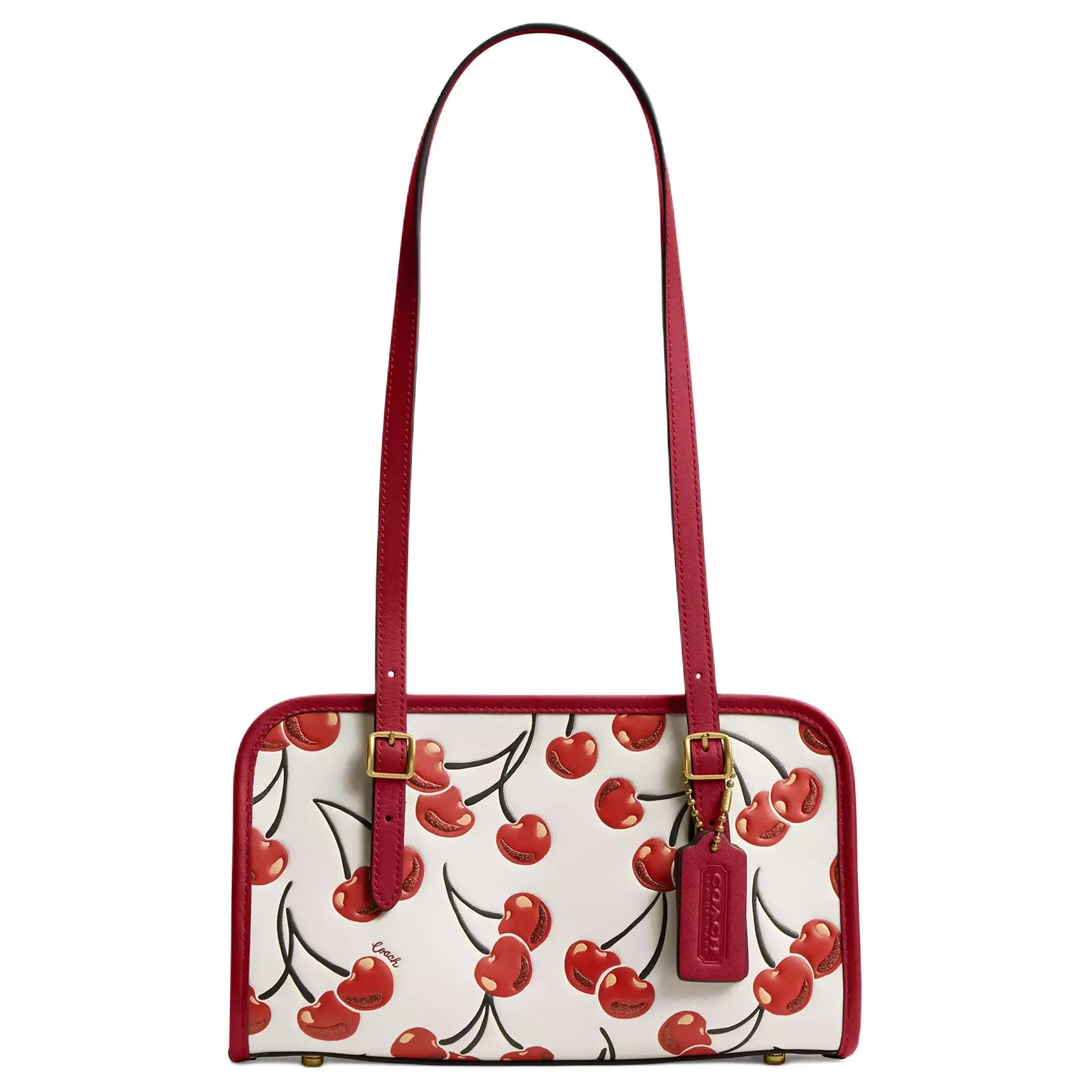 COACH Swing Zip 25 Crossbody Bag for Women – Cherry Print, Adjustable Strap, Red and White Glove-Tanned Leather