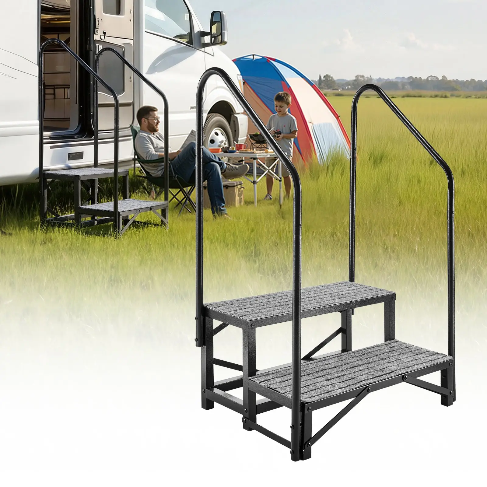 VEVOR 2-Step Camper Stairs with Dual Rails, 660 lbs Load Capacity, Non-Slip Mat, Easy Installation, 29.13x20.87x44.10 in, Portable Support Aid for Porch, Pool Use, Hot Tub
