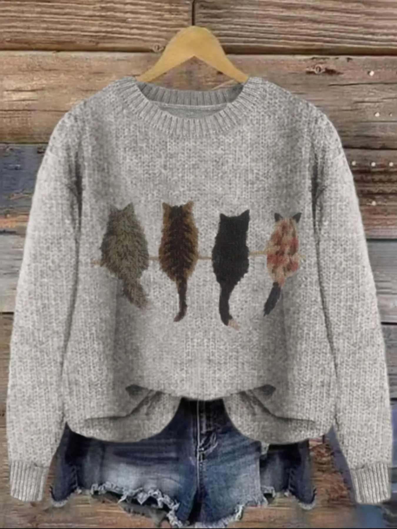 Women's Cat Print Drop Shoulder Soft Knitted Sweater, Casual Long Sleeve Round Neck Animal Print Jumper for Fall & Winter, Fashion Ladies' Knitwear for Daily Wear, Womenswear, Knitting Fit, Casual Loose Jumpers