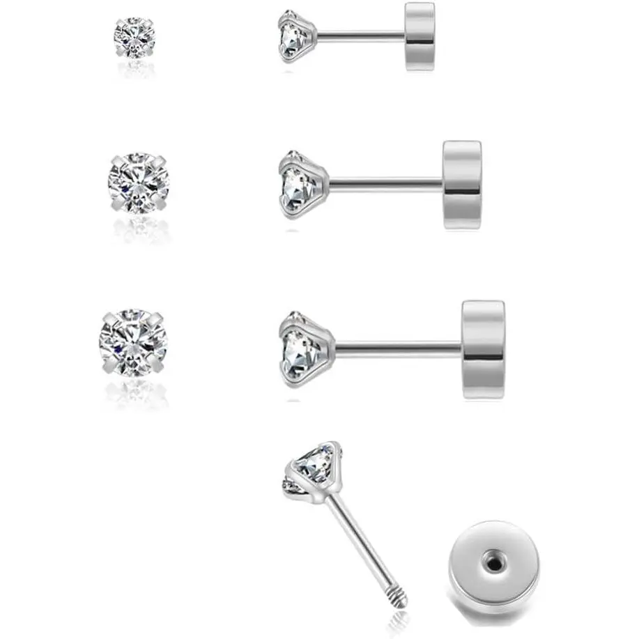 3Pairs CZ Stud Flat Screw  Earrings for Women Multiple ,Dainty Flatback Cubic Zirconia Cartilage Earring Stud,Helix Tragus Conch
