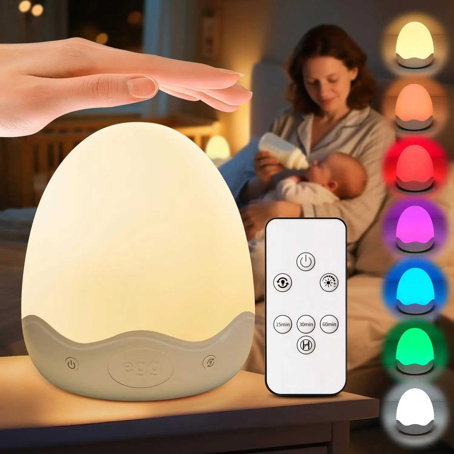 Baby Night Light for Kids,10 Brightness+10 Colors Egg Light for Nursery,Touch+Remote+3600mAh Rechargeable Egg Night Light for Baby Nursery,Warm Light for Breastfeeding 1h Timer&Portable,Newborn Gifts