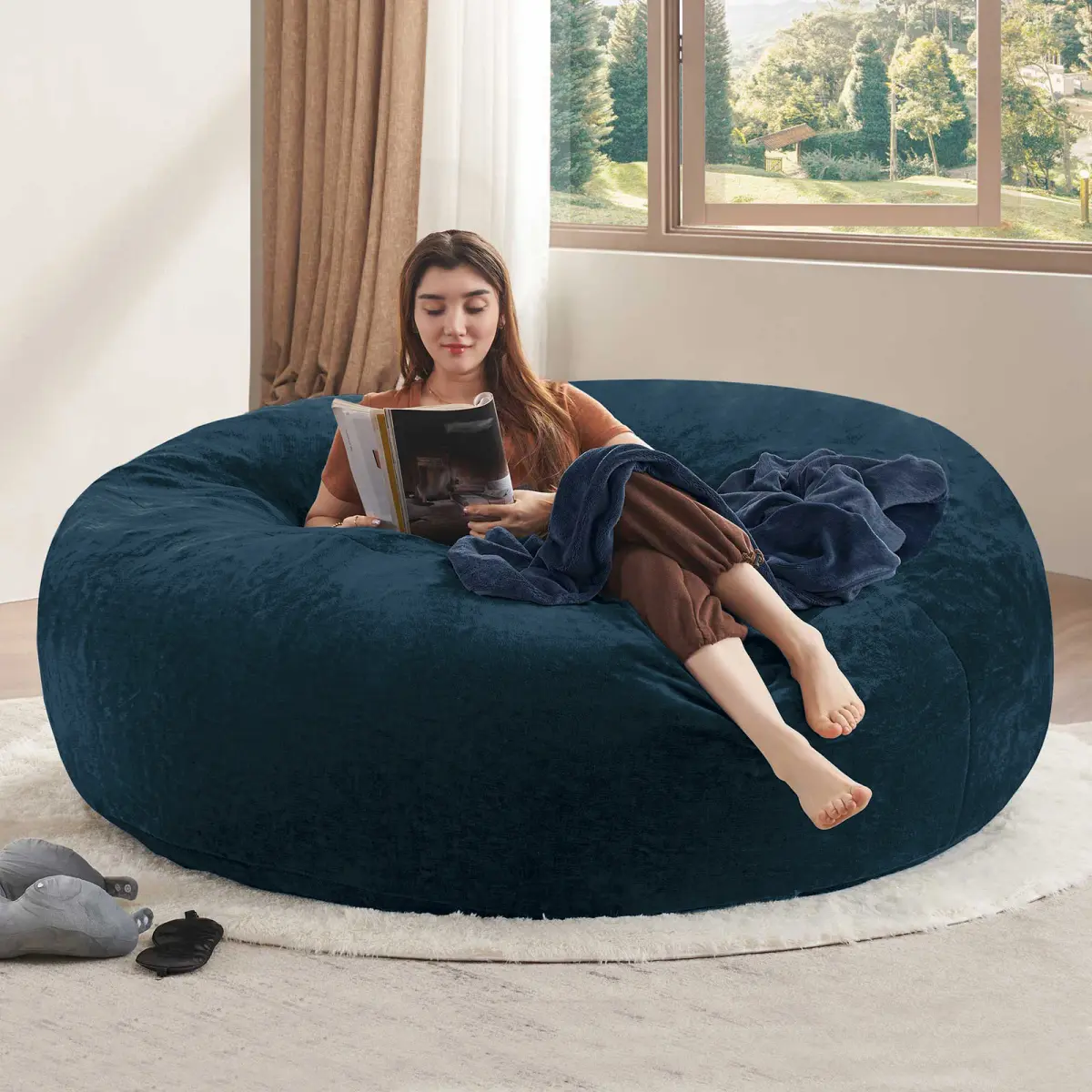6FT bean bag chair, memory foam filling, adult and teen bean bag chair, soft sofa with velboa fabric cover, round sofa for living room, bedroom, college dorm.