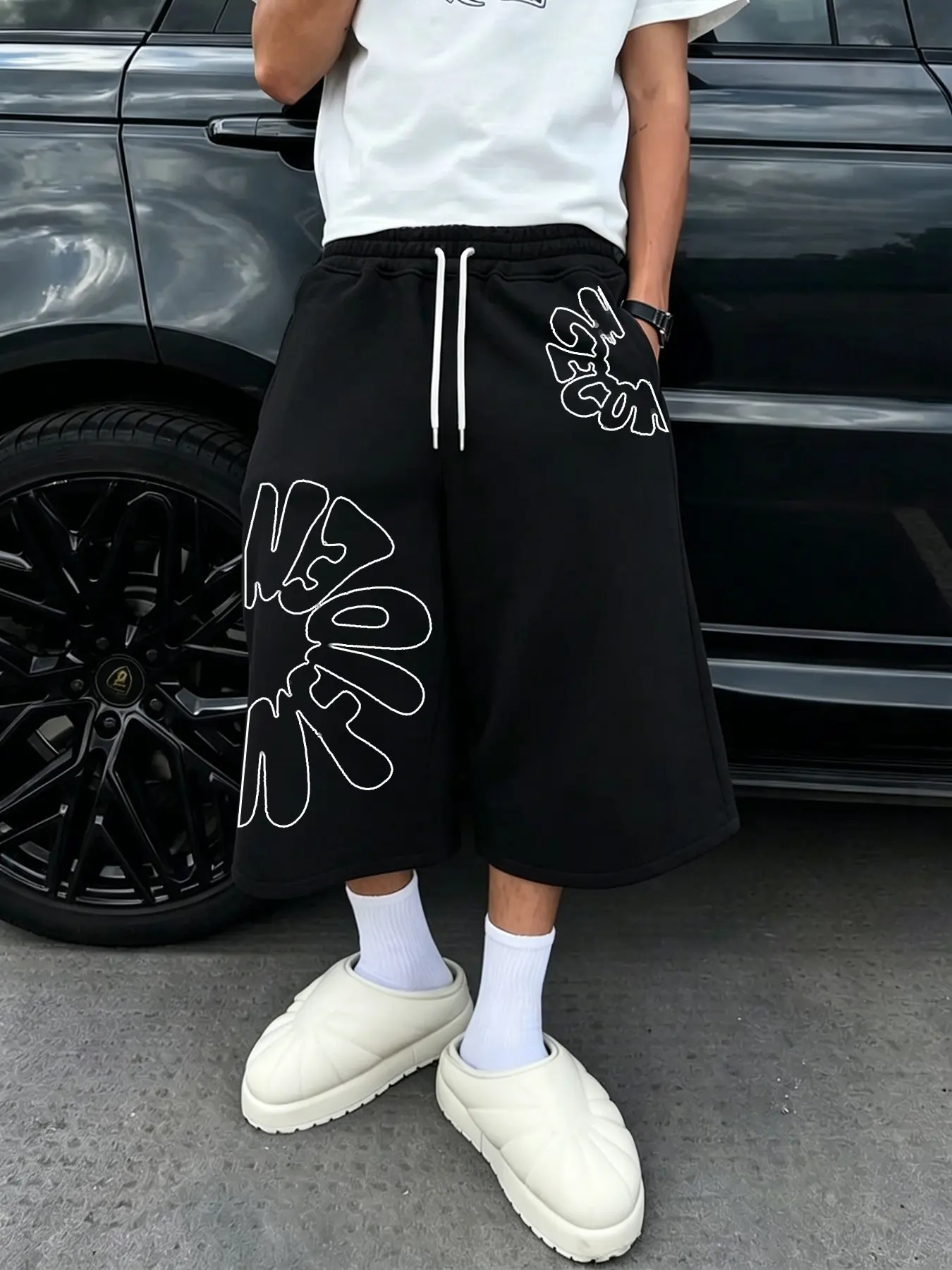 Men's Fashion Street Style Uncuffed Sweatpants, Loose-Fit Six-Quarter Length, Comfortable Breathable Fabric, Premium Solid Color for Daily Wear