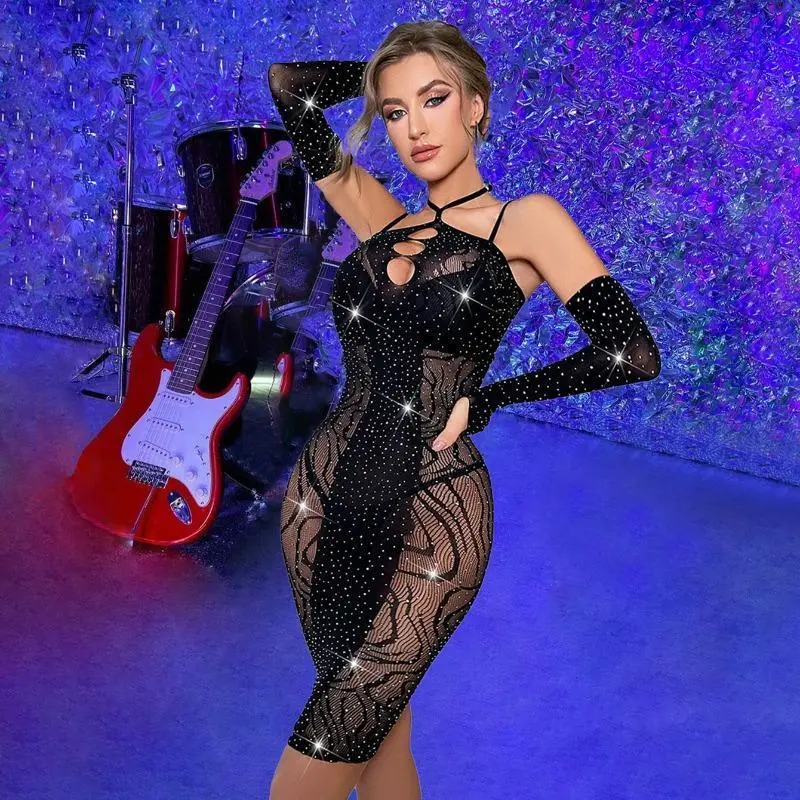 Lady's Slim Fishnet Dress with Rhinestone Accents, a Cute Spaghetti Strap Outfit Featuring an Easy-Wear Wrap Hem, Fashion Dress, Basic, Elegant Romantic Dress
