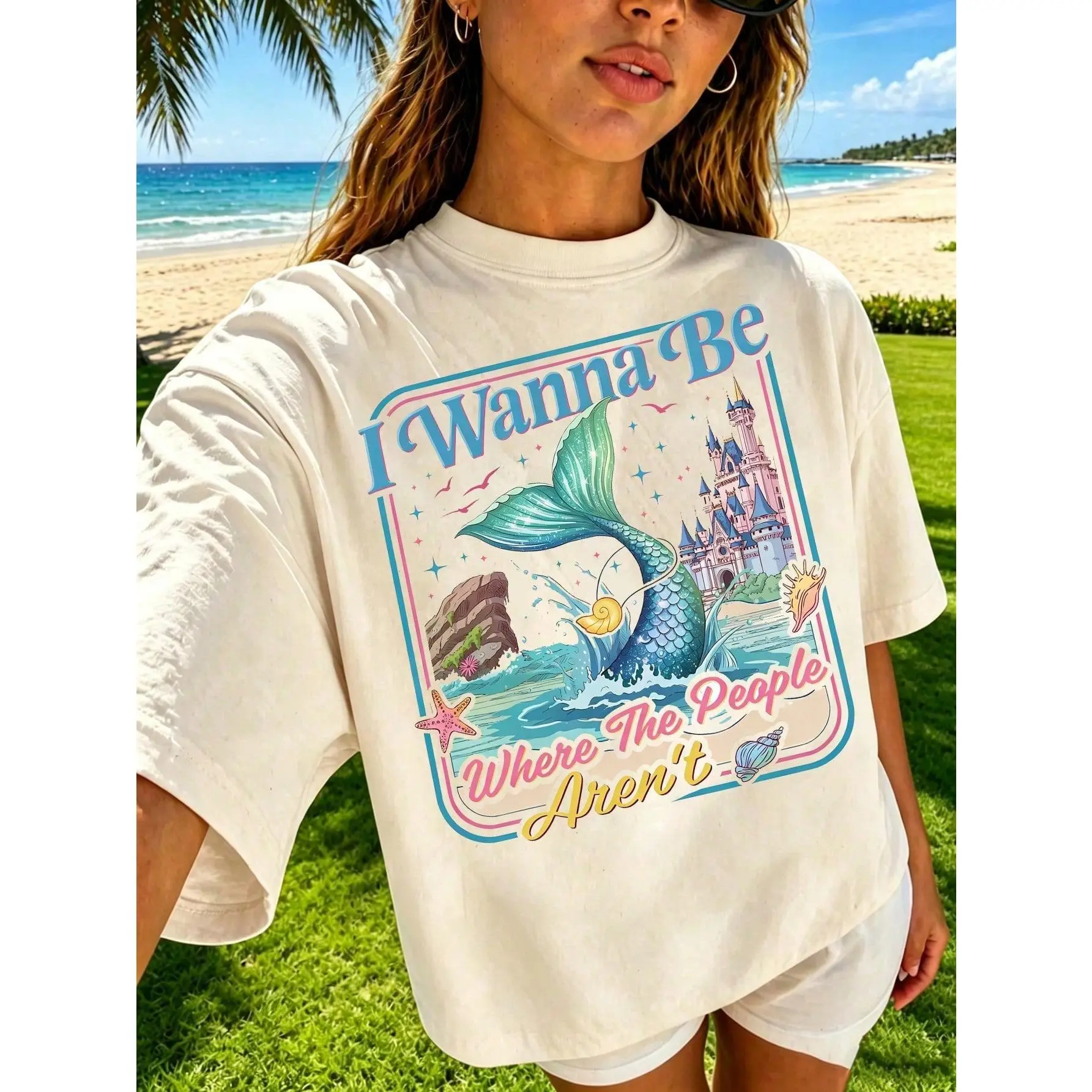 Mermaidcore Graphic T-Shirt, Retro Coastal Girl Style Short Sleeve Top, Breathable 100% Cotton Pullover for Summer, Fabric, Fit, Knitted, Mixed Colors, Regular Fit, Retro Pattern