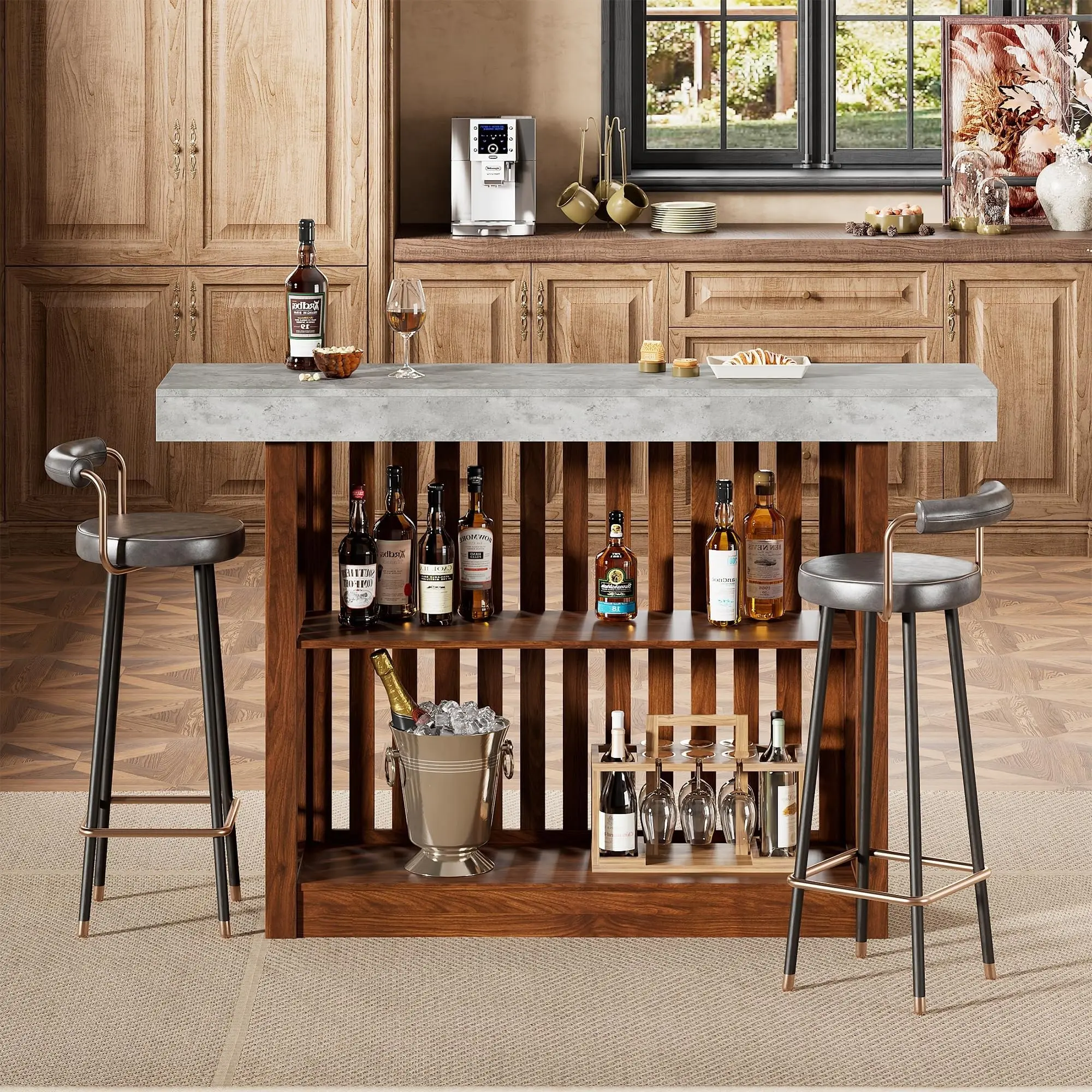 63" Long Bar Table - Counter Bar Height Pub Table with 2 Tier Storage Shelves, Modern Coffee Breakfast Bar Unit for Dining Room, Bistro, Living Room, Gray + Walnut