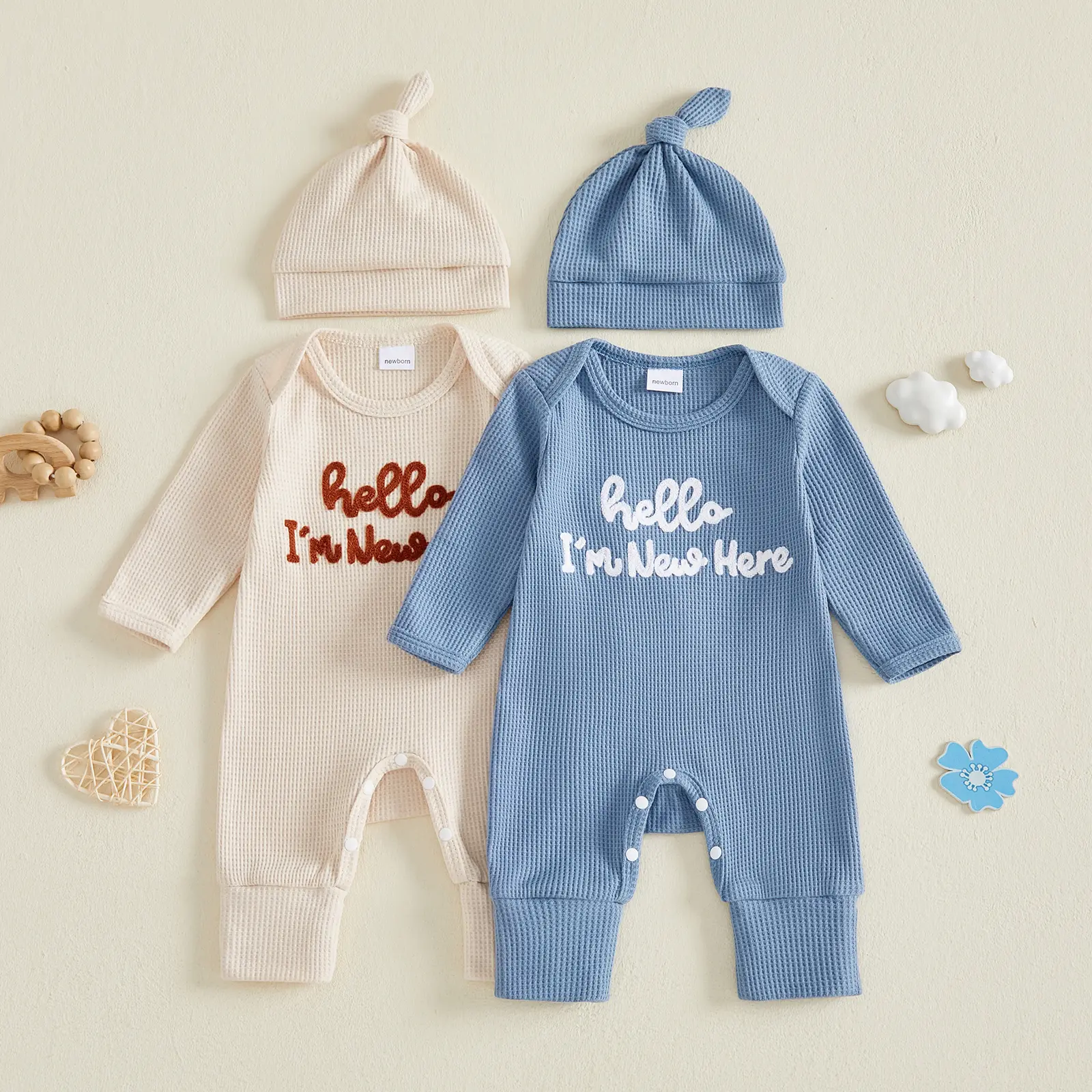 Newborn Baby Boy Romper Waffle Long Sleeve Letters Embroidery Jumpsuits with Hat Set Fall Winter 0-6 Months