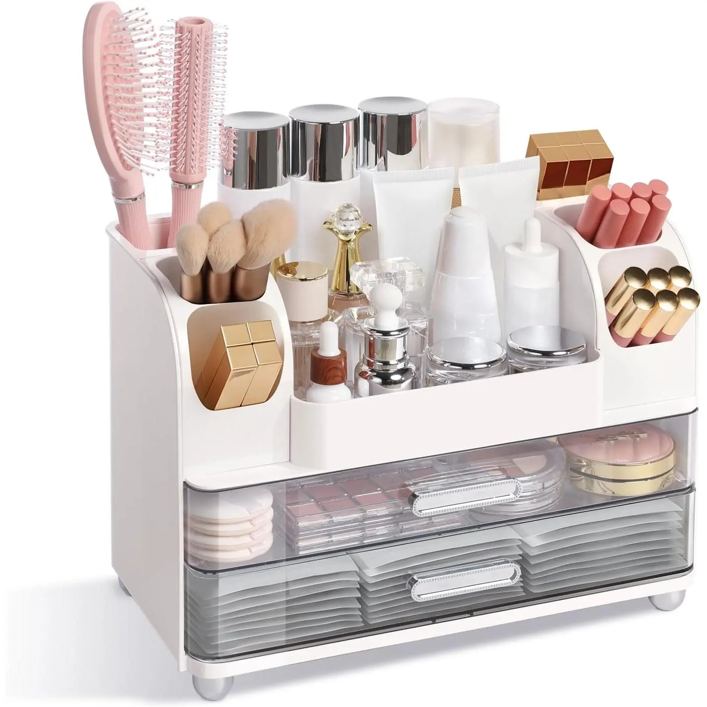 White Makeup Organizer with 2 Large Drawers & 6 Brush Holders, Large-Capacity Vanity Storage Box for Skincare, Cosmetics, Perfume, Makeup Brushes & Beauty Essentials, Bathroom Countertop Organizer