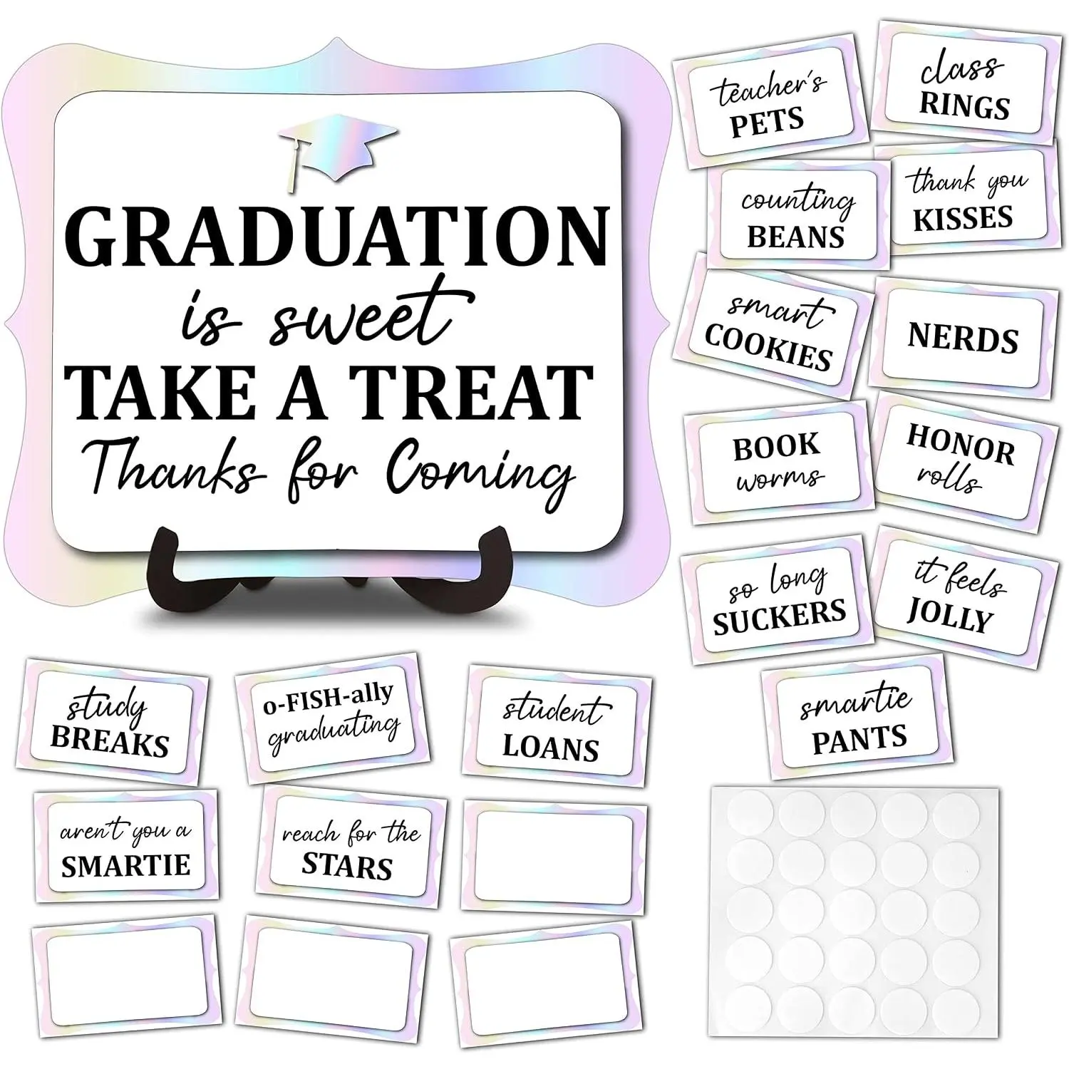 20 count Graduation Candy Bar Sign | 1 Colorful Candy Buffet Table Sign with Stand | Catering Supplies Display for Graduation Decorations Class of 2026 - A03