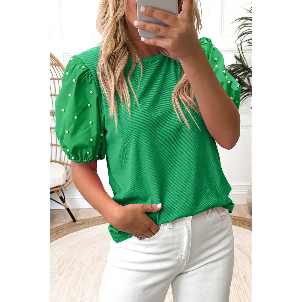 Women's Ribbed Pearl Beaded Top, Puff Sleeve Elegant Short Sleeve Blouse, Stretchy Feminine Casual Shirt for Everyday Wear