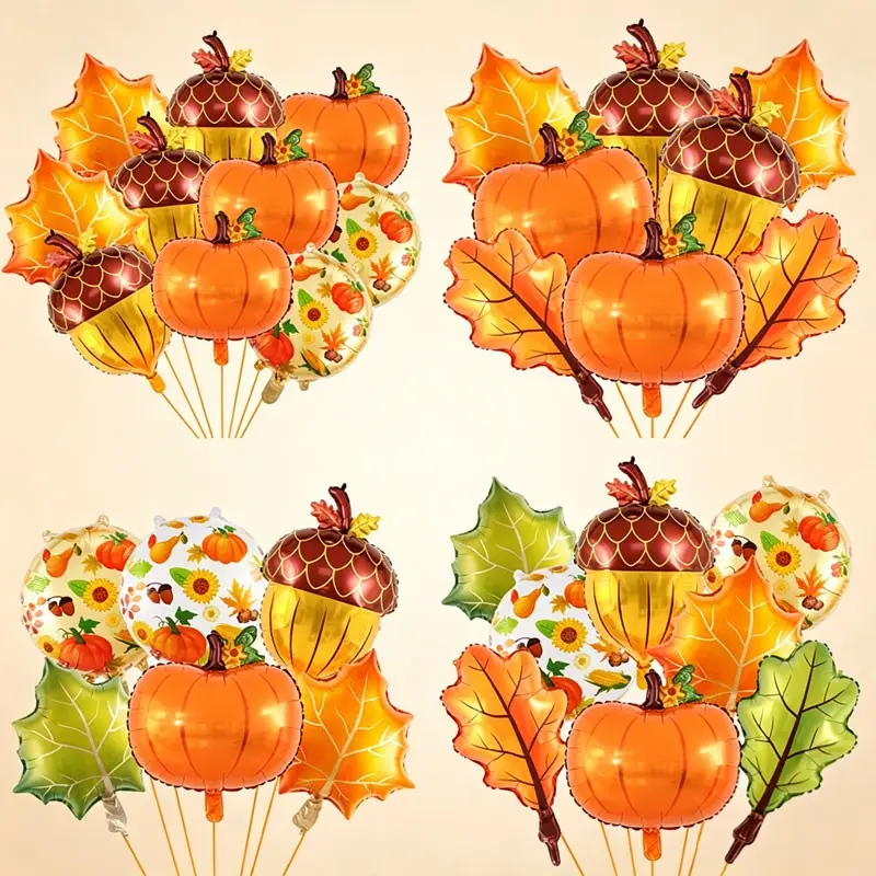 Autumn Harvest Thanksgiving Balloon Set, Warm, Pumpkin Oak Leaf Shapes, Party Decorations, Home Wall Decoration