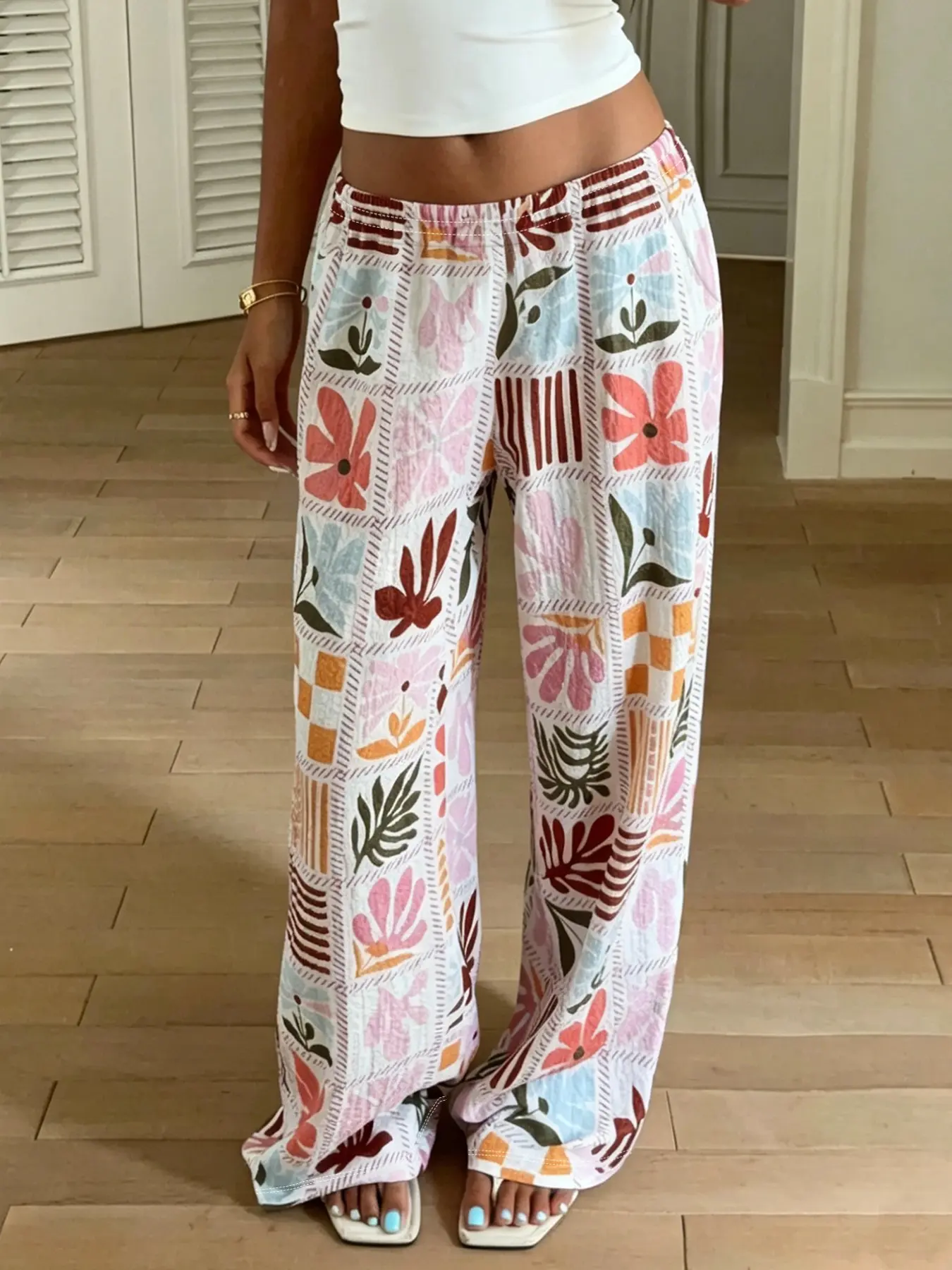 Women's Trendy Tropical Floral Print Wide Leg Pants, Casual Drawstring Linen-Look Trousers, Summer Bohemian Style Perfect For Beach Days, Vacations, Lounging, Errands And Casual Everyday Styling