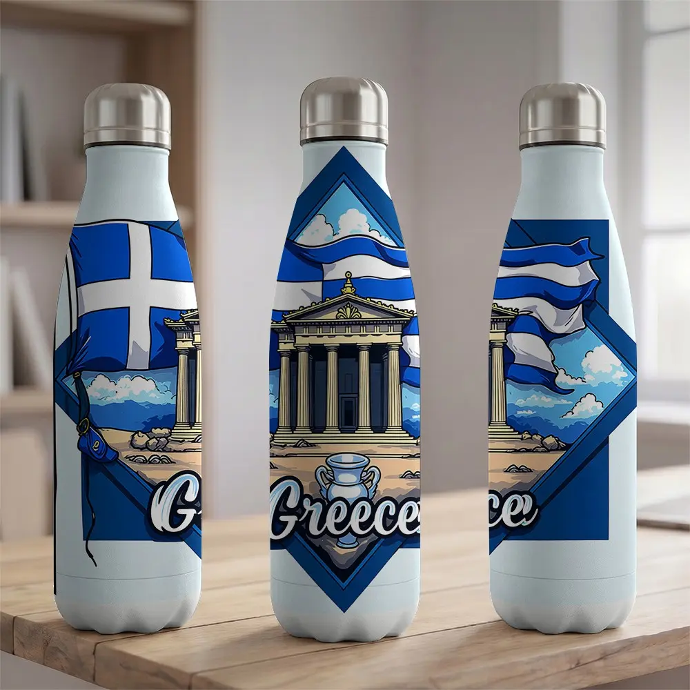 1pc Greece Travel Souvenir 17oz Stainless Steel Insulated Water Bottle Cola Bottle Shape Greek Flag Architecture Print Double Wall Vacuum Flask for Sports Gym Portable 500ml Metal Travel Drinkware