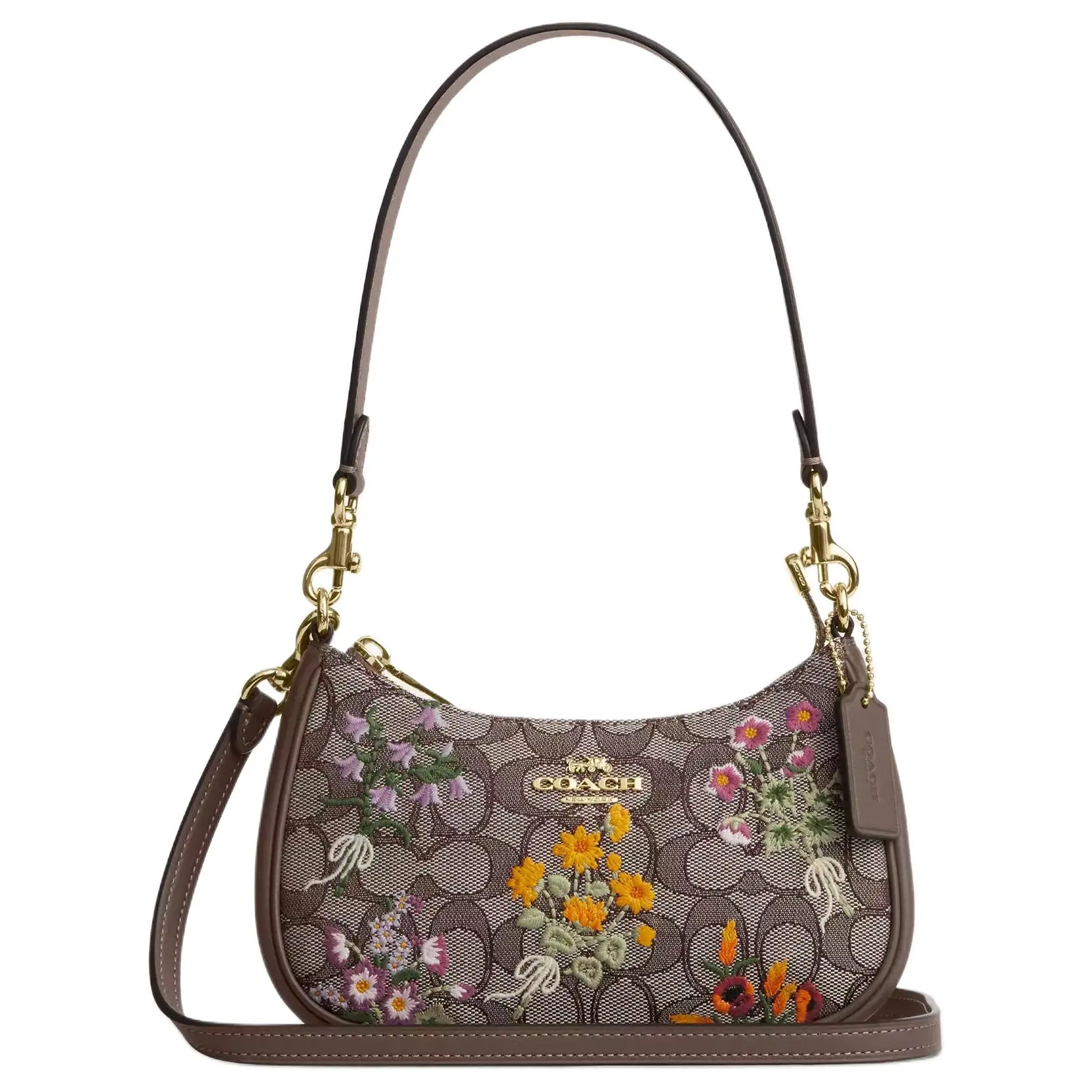 COACH Teri 20 Signature Jacquard Floral Embroidered Leather Shoulder Bag for Women, Small, Dark Brown