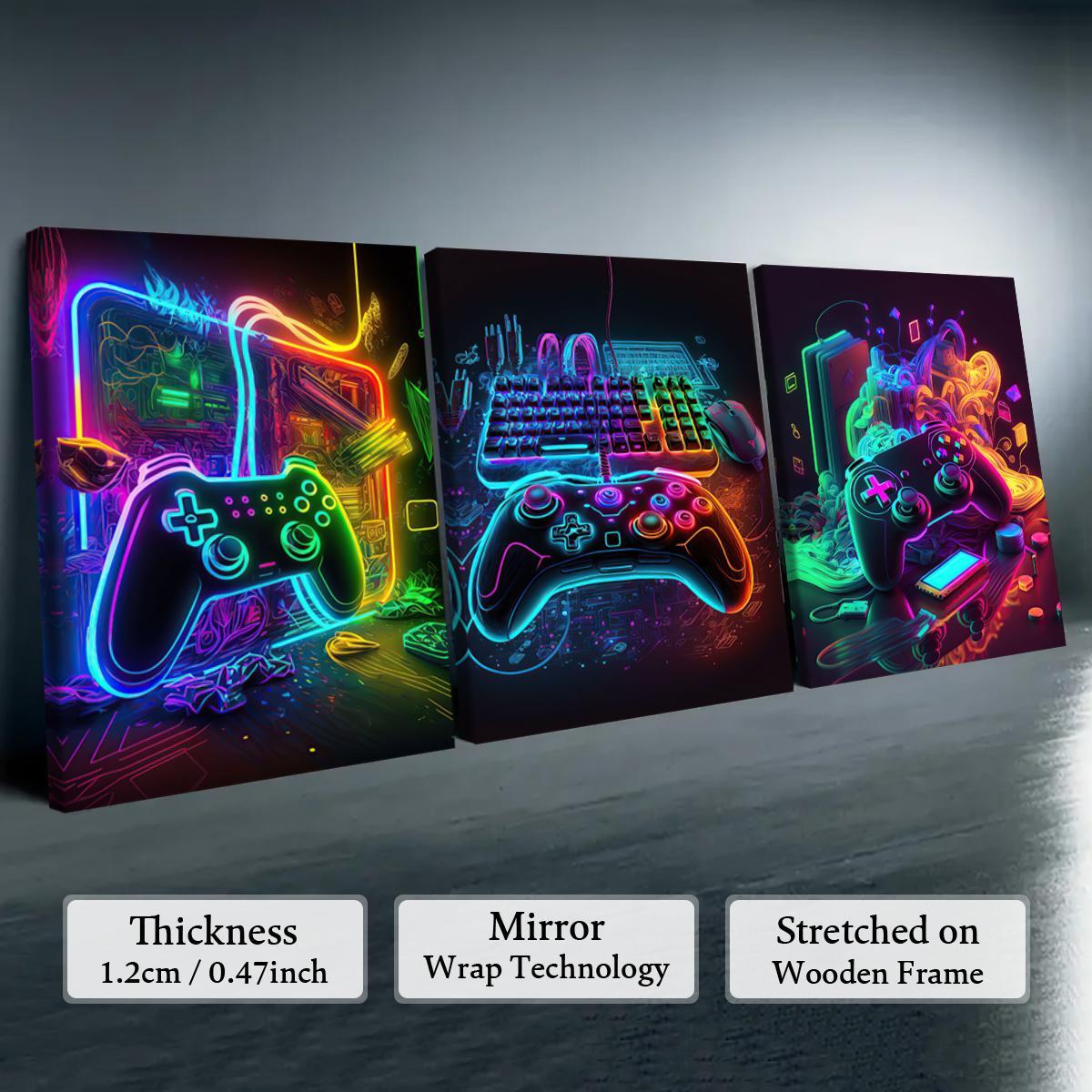 Modern Neon Gamepad Lightsaber Man Pattern Canvas Painting with Frame, 3 Counts/set Artistic Modern Wall Art Painting, Wall Art Decor for Home Living Room Bedroom Office, Wall Art Decoration