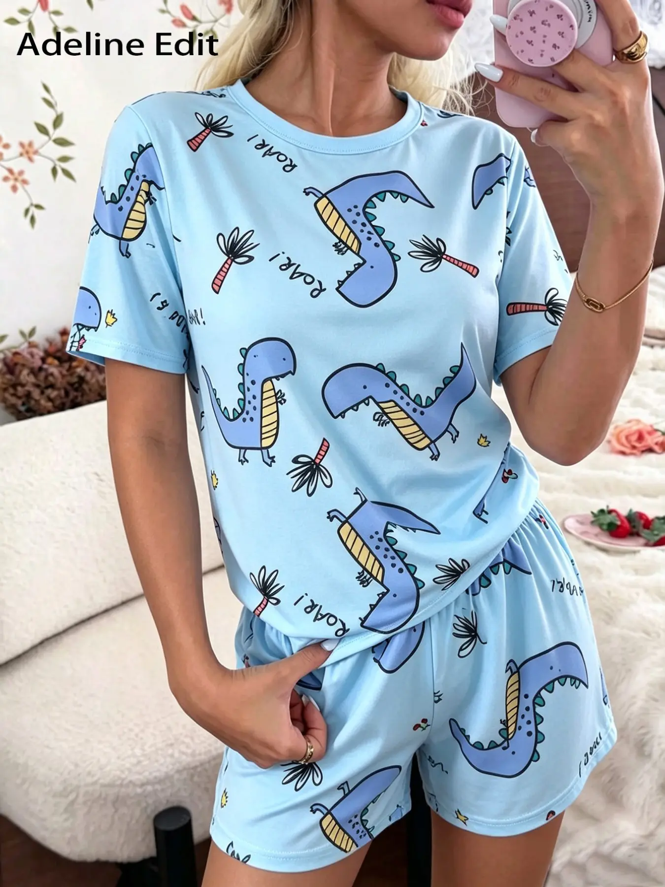 Adeline Edit Shop Unisex Cartoon Dinosaur Print Pajama Set, Round Neck Short Sleeve Top, Elastic Waist Shorts, Soft Home Wear