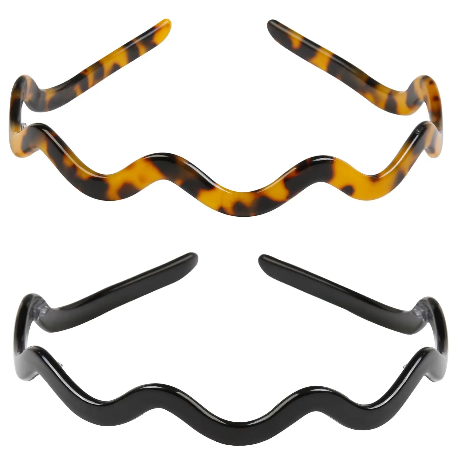 2 Pcs Women's Headbands, Classic Acetate Hair Accessories in Tortoiseshell and Black, Skinny Wavy Style with Non-Slip Teeth, Female