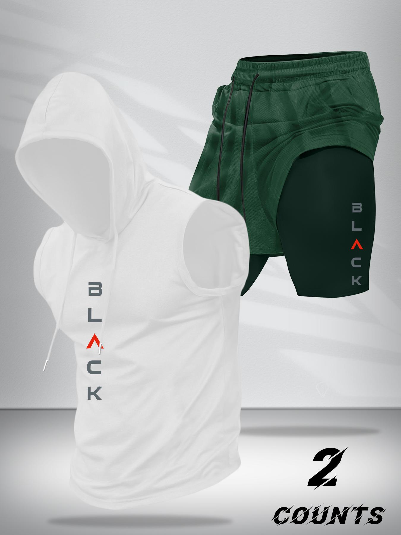 Two-Piece Set Men's Hooded Tank Top & Shorts Set, Regular Fit Casual Pullover Hoodie & Shorts, Men's Two-piece Outfits for Daily Wear, Casual Gym Wear