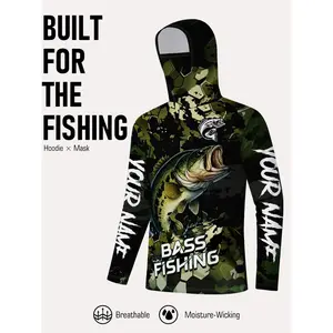 [New Product] Men's Outdoor Fishing Hooded Mask Jacket, Bass Fishing Printed Sports Hoodie, Fishing Jacket with Mask
